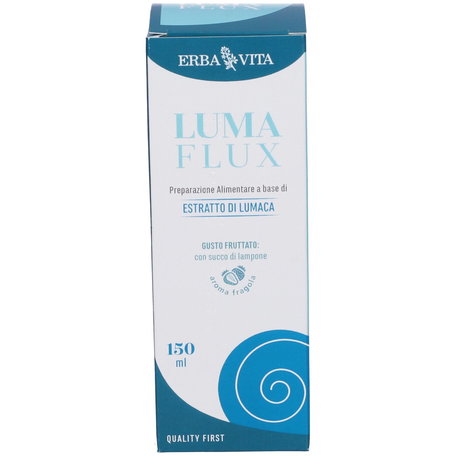 Confezione blu e bianca. Nome del prodotto e ingredienti. 150 ml.