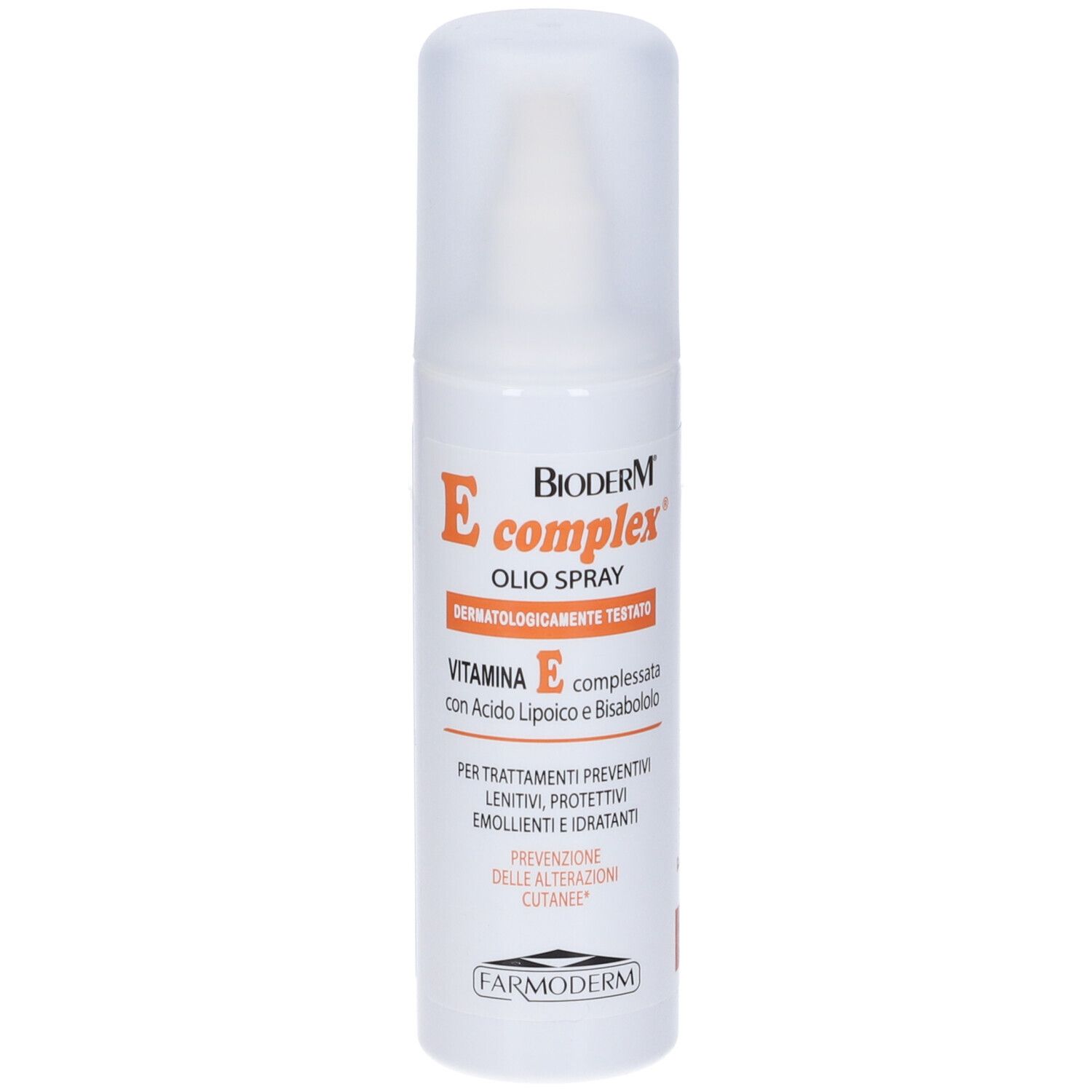 Flacone spray bianco con tappo bianco ed etichetta arancione. Testo: Bioderm E complex, Olio Spray, Vitamina E.