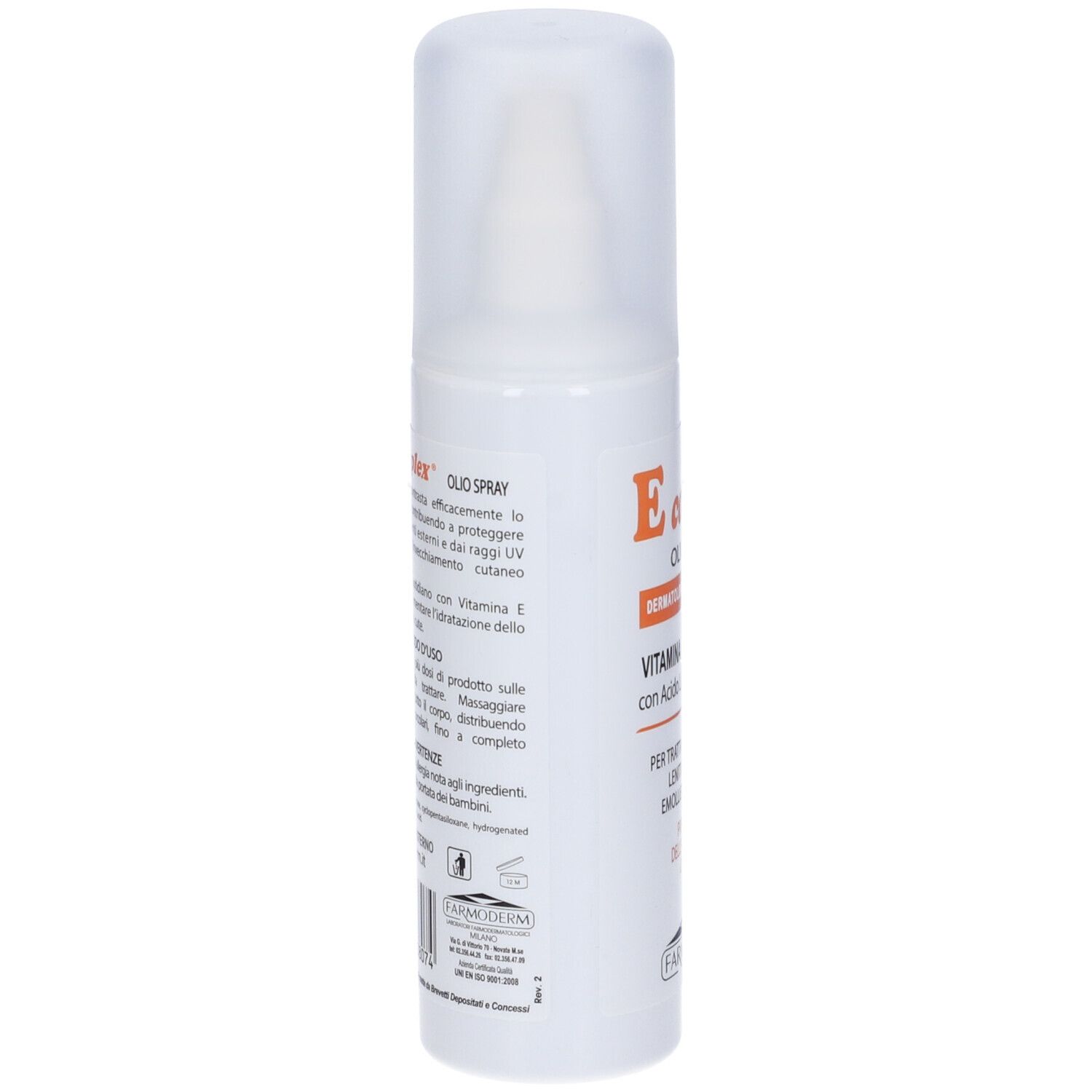 Flacone spray bianco con tappo bianco. Testo: Bioderm E complex, Olio Spray, Vitamina E. Retro con testo e logo.