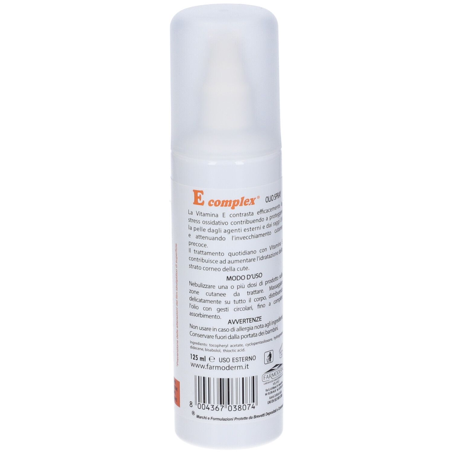 Flacone spray bianco con tappo bianco. Retro con testo e logo. Testo: Bioderm E complex, Olio Spray, Vitamina E.