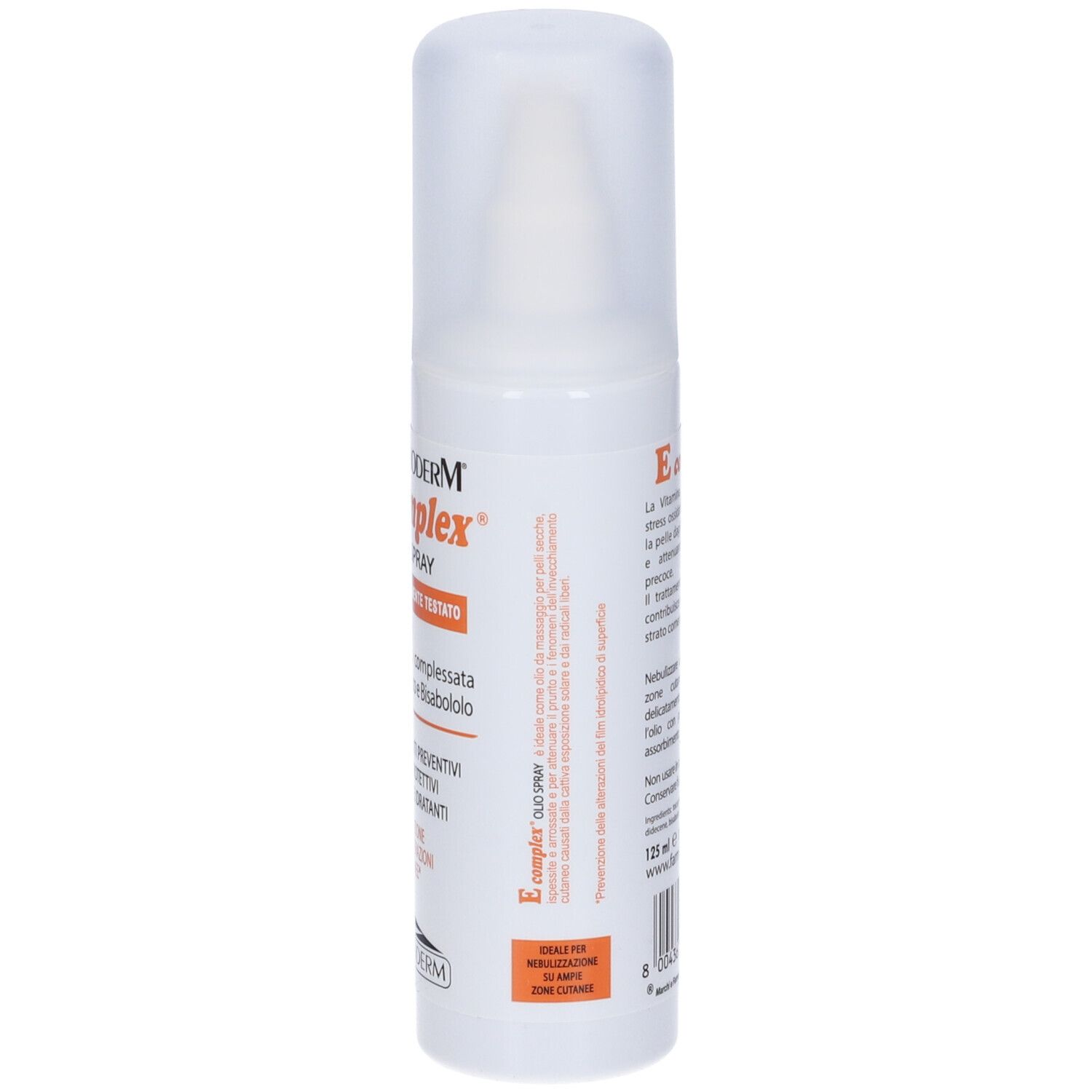 Flacone spray bianco con tappo bianco. Retro con testo e logo. Testo: Bioderm E complex, Olio Spray, Vitamina E.