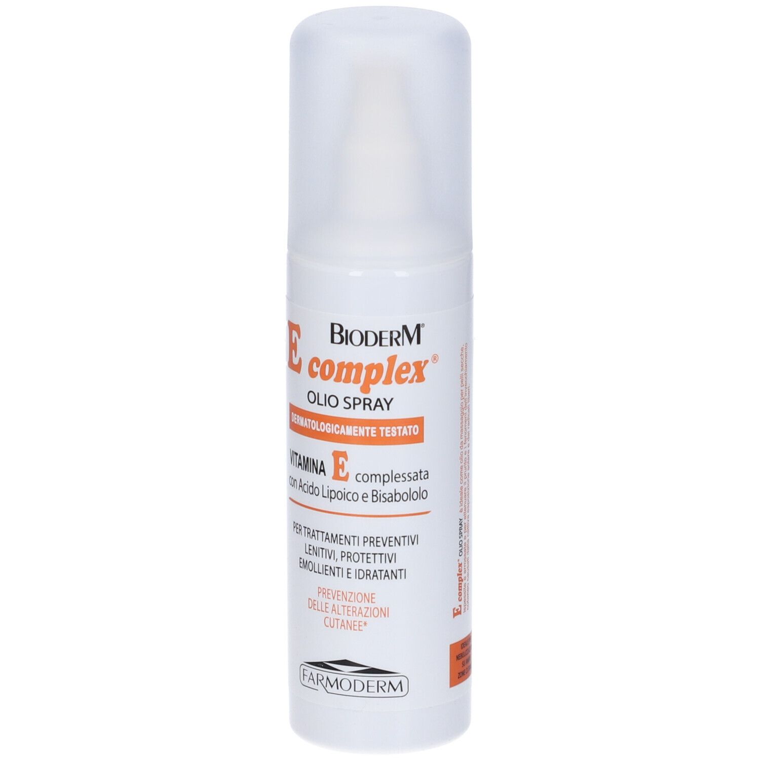 Flacone spray bianco con tappo bianco ed etichetta arancione. Testo: Bioderm E complex, Olio Spray, Vitamina E.