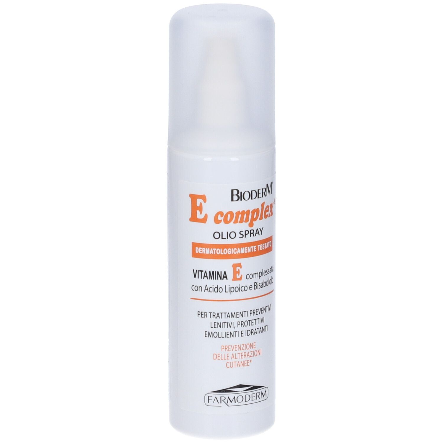 Flacone spray bianco con tappo bianco ed etichetta arancione. Testo: Bioderm E complex, Olio Spray, Vitamina E.