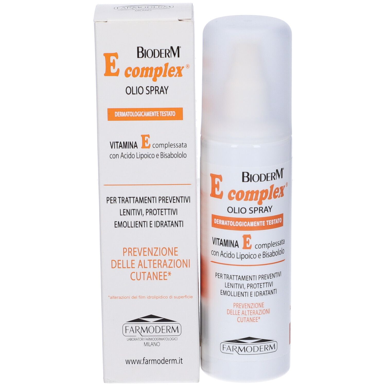 Confezione del prodotto con flacone spray e scatola. Testo: Bioderm E complex, Olio Spray, Vitamina E. Scatola con testo.