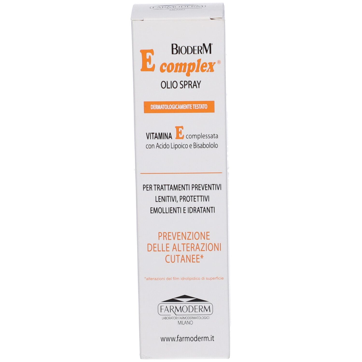 Confezione del prodotto, scatola. Testo: Bioderm E complex, Olio Spray, Vitamina E. Logo e altre informazioni.