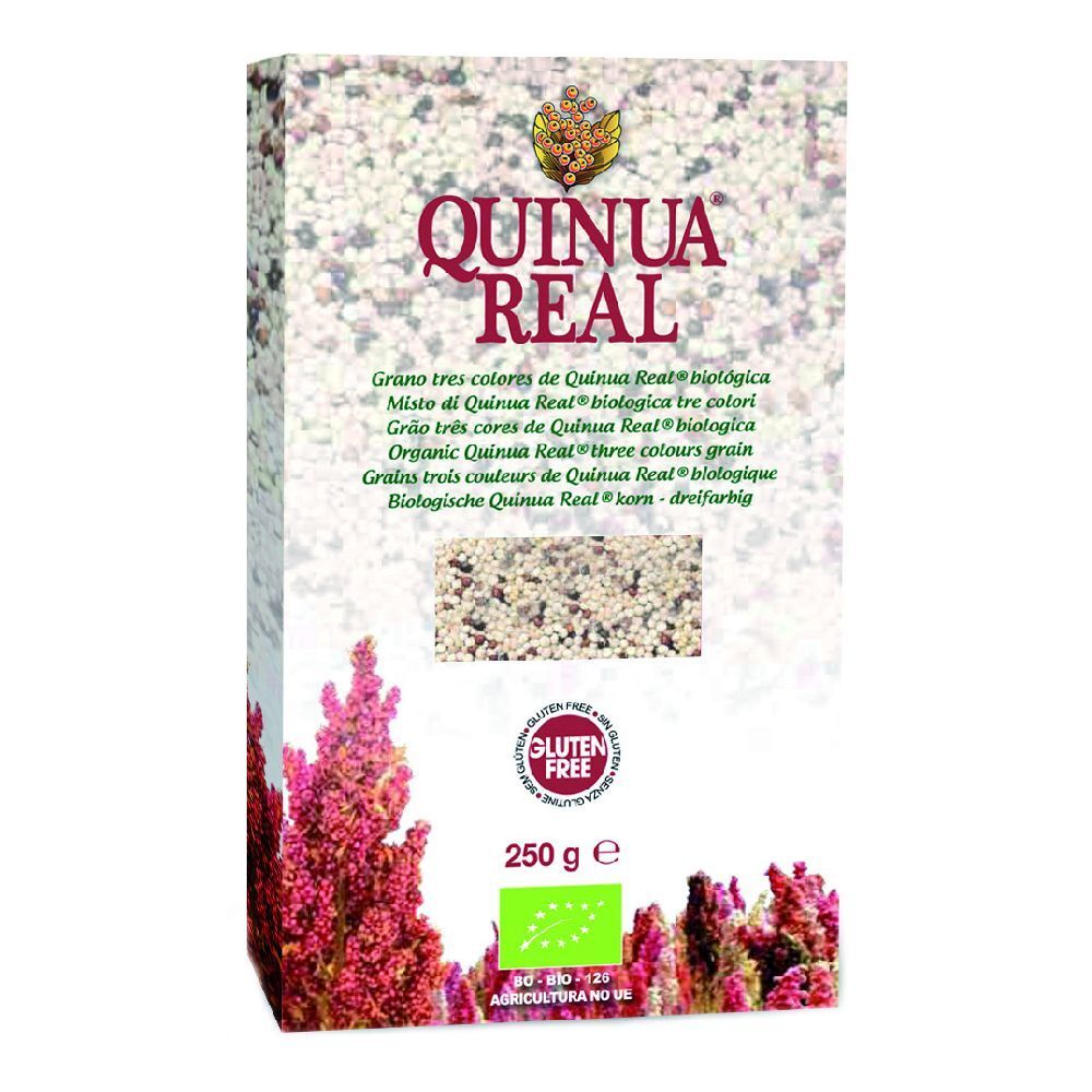 Confezione di Quinua Real Mix Di Quinoa 3 Colori Bio. Sigillo senza glutine, 250g. Certificazione biologica. Testo: Grano tre colori.