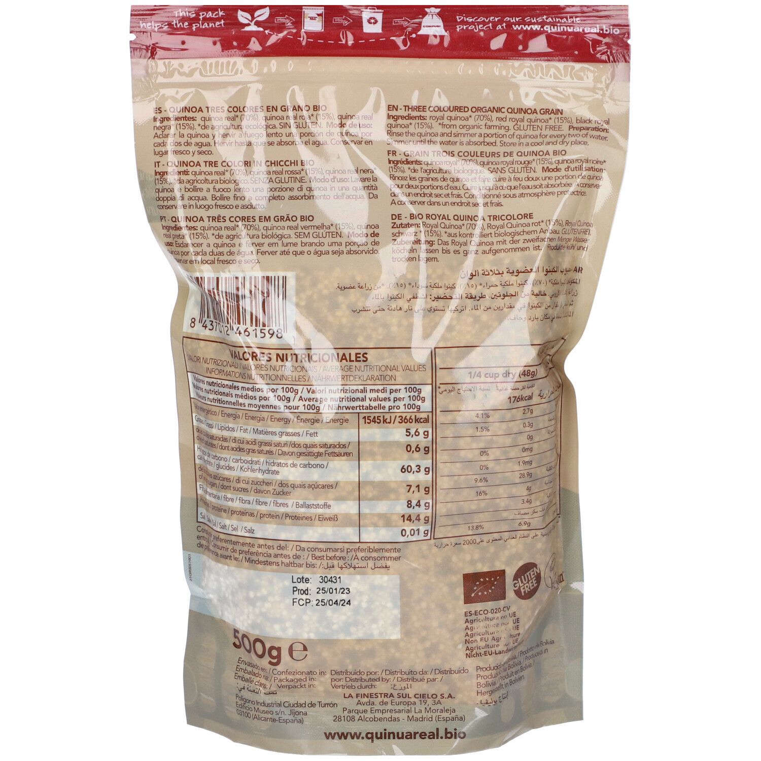 Retro della confezione di Quinua Real Tri-Color Quinoa. 500g. Informazioni nutrizionali. Certificazione biologica. Testo: 'Three coloured organic quinoa grain'.