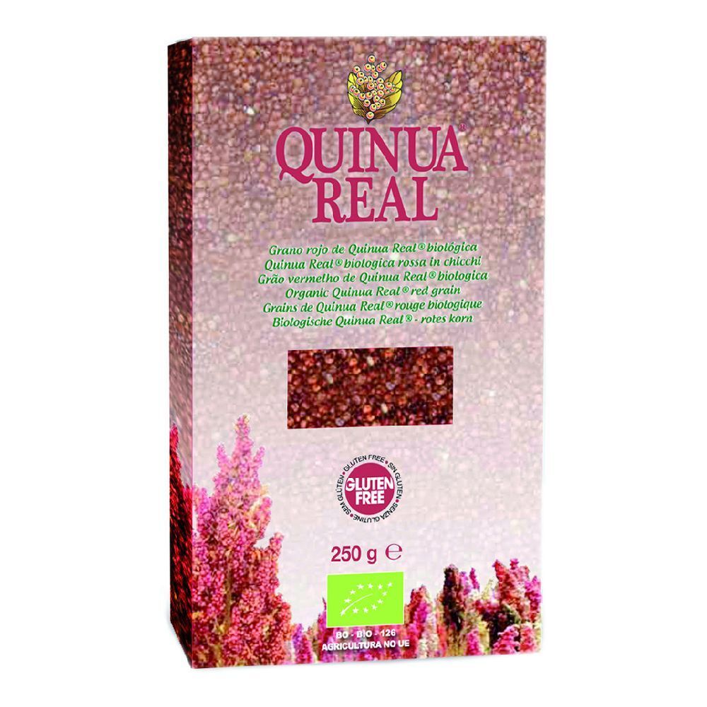 Confezione di Quinua Real Quinoa Rossa Bio. Grani rossi in scatola. Sigillo senza glutine e logo bio visibili. 250g.