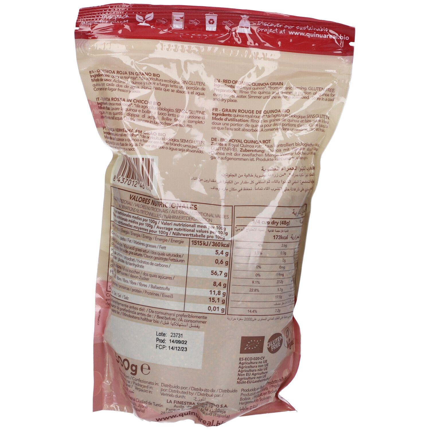 Retro del sacchetto Quinua Real. Informazioni nutrizionali e logo bio. 500g. Data di scadenza e numero di lotto visibili.