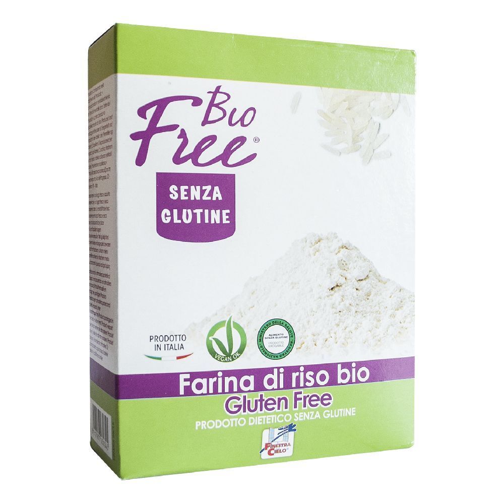 Farina di riso bio senza glutine Bio Free in confezione di cartone. Design verde-viola con logo e testo.