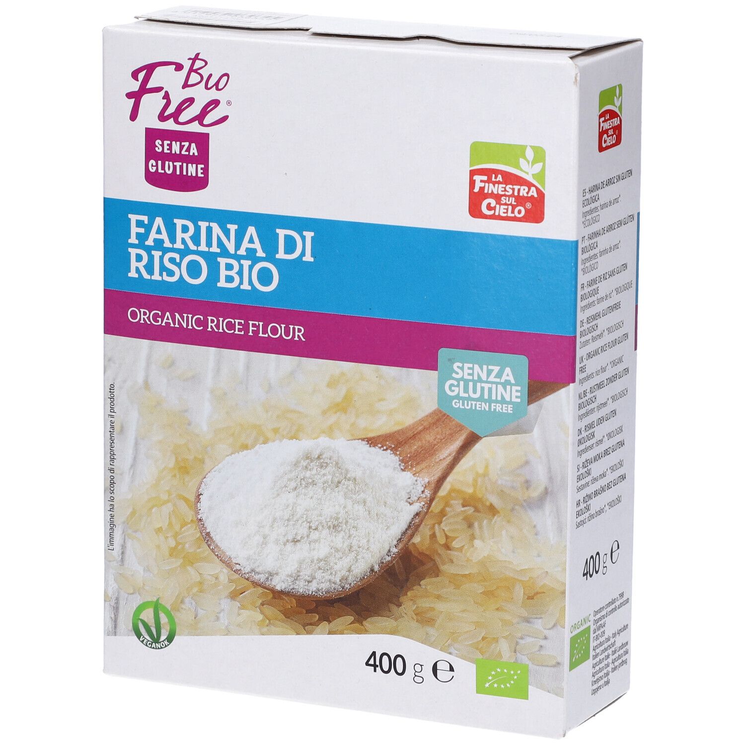 Farina di riso bio senza glutine Bio Free. Confezione in cartone con farina su cucchiaio e riso.