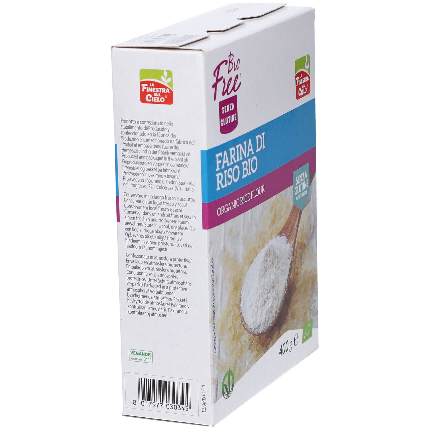 Farina di riso bio senza glutine Bio Free. Confezione in cartone, retro con testo e logo.