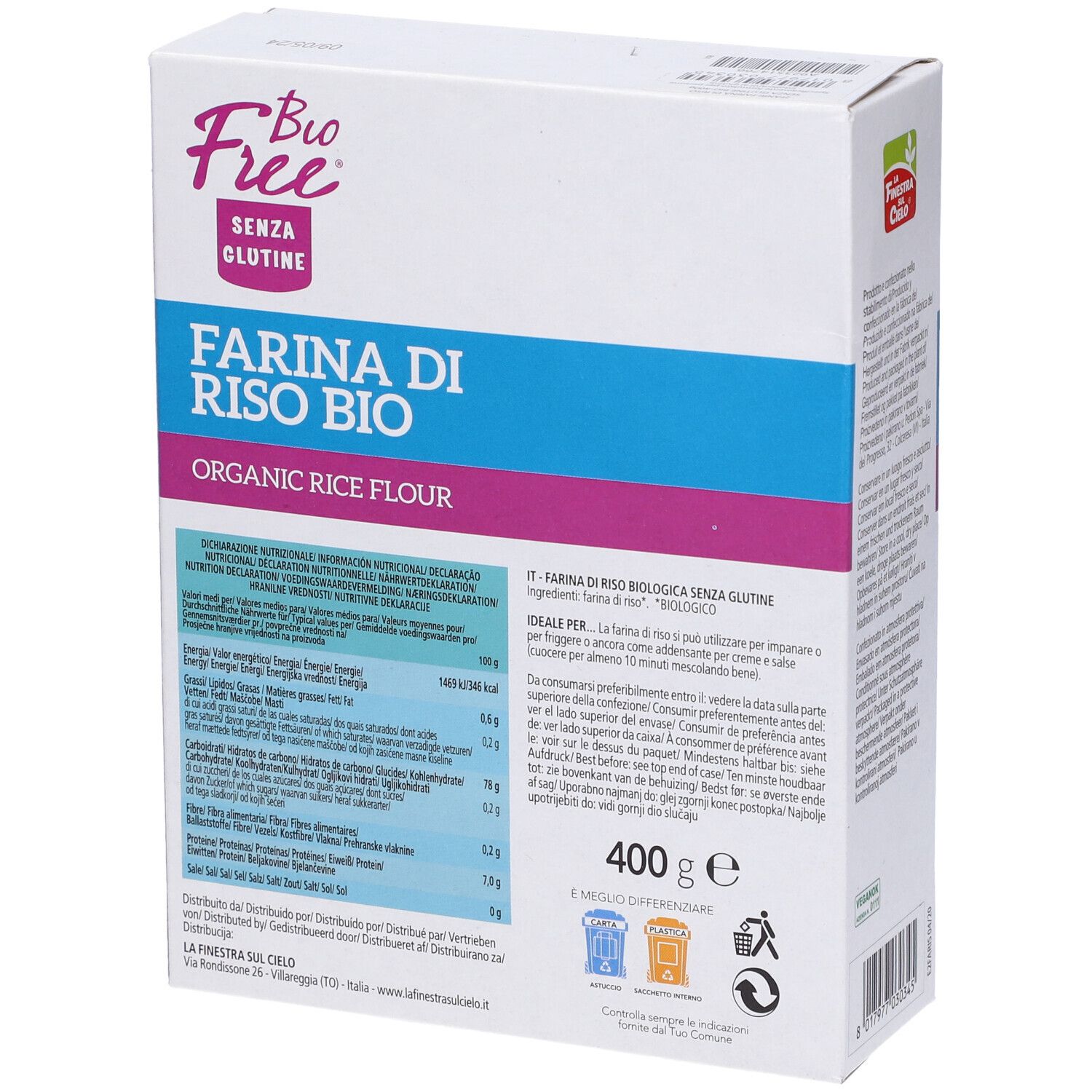 Farina di riso bio senza glutine Bio Free. Confezione in cartone con informazioni nutrizionali e testo.