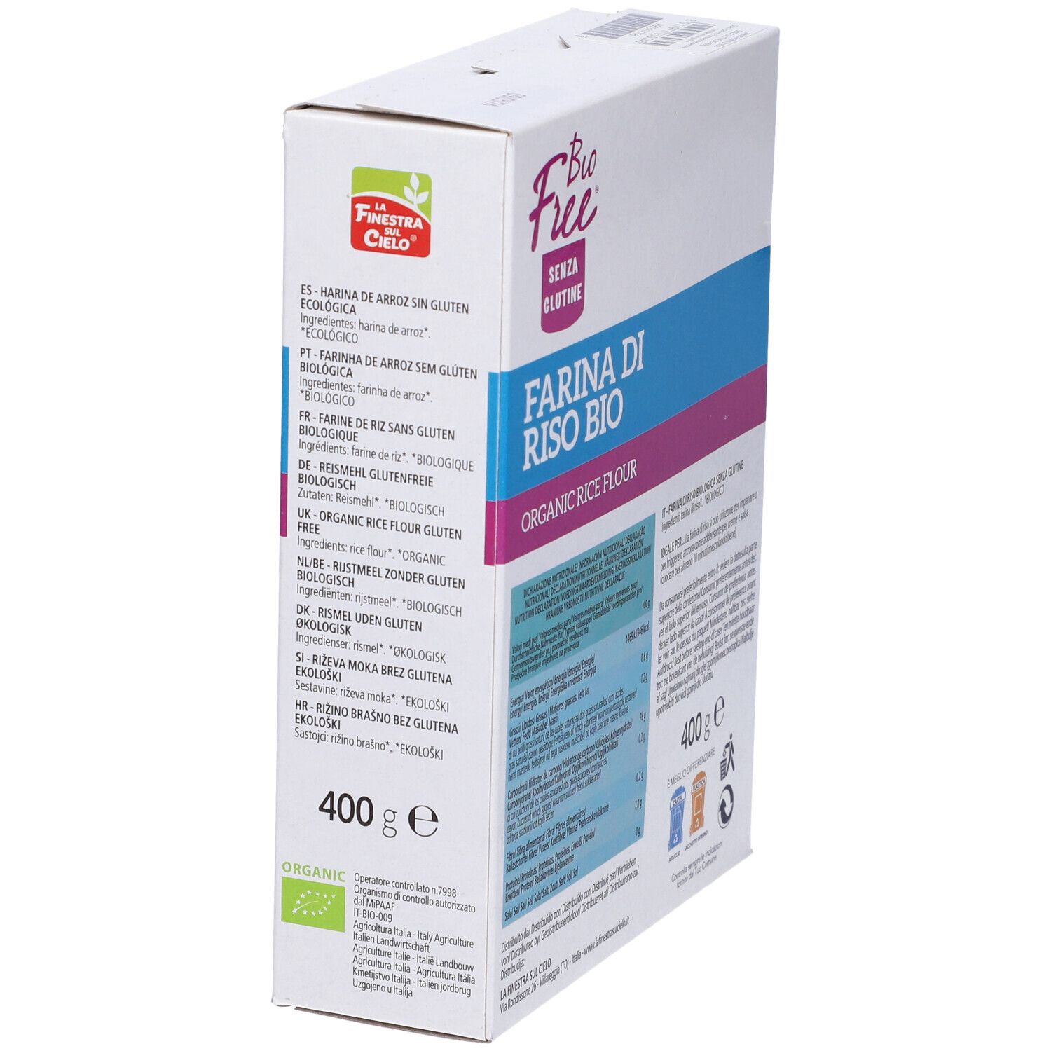 Farina di riso bio senza glutine Bio Free. Confezione in cartone, lato con testo e logo.