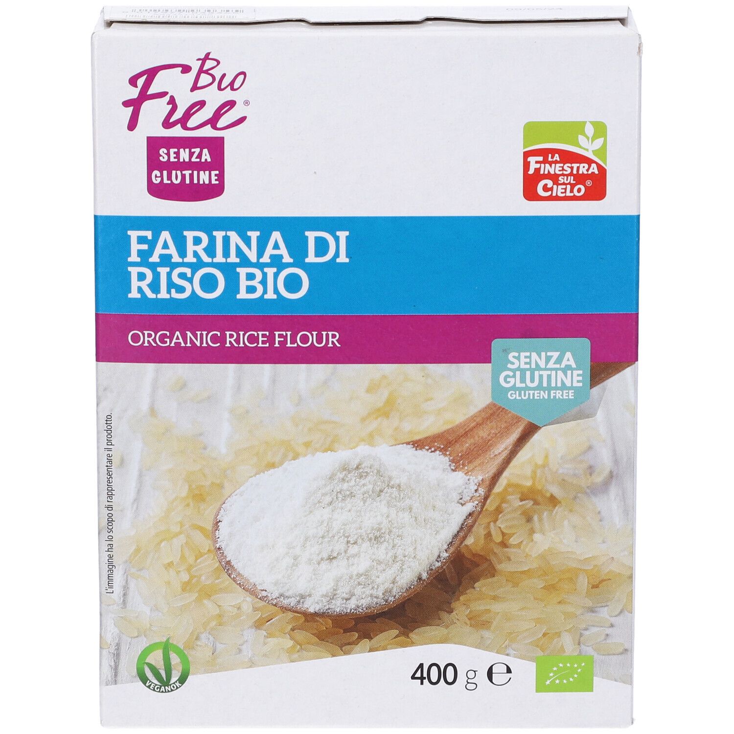 Farina di riso bio senza glutine Bio Free. Confezione in cartone con farina su cucchiaio e riso.