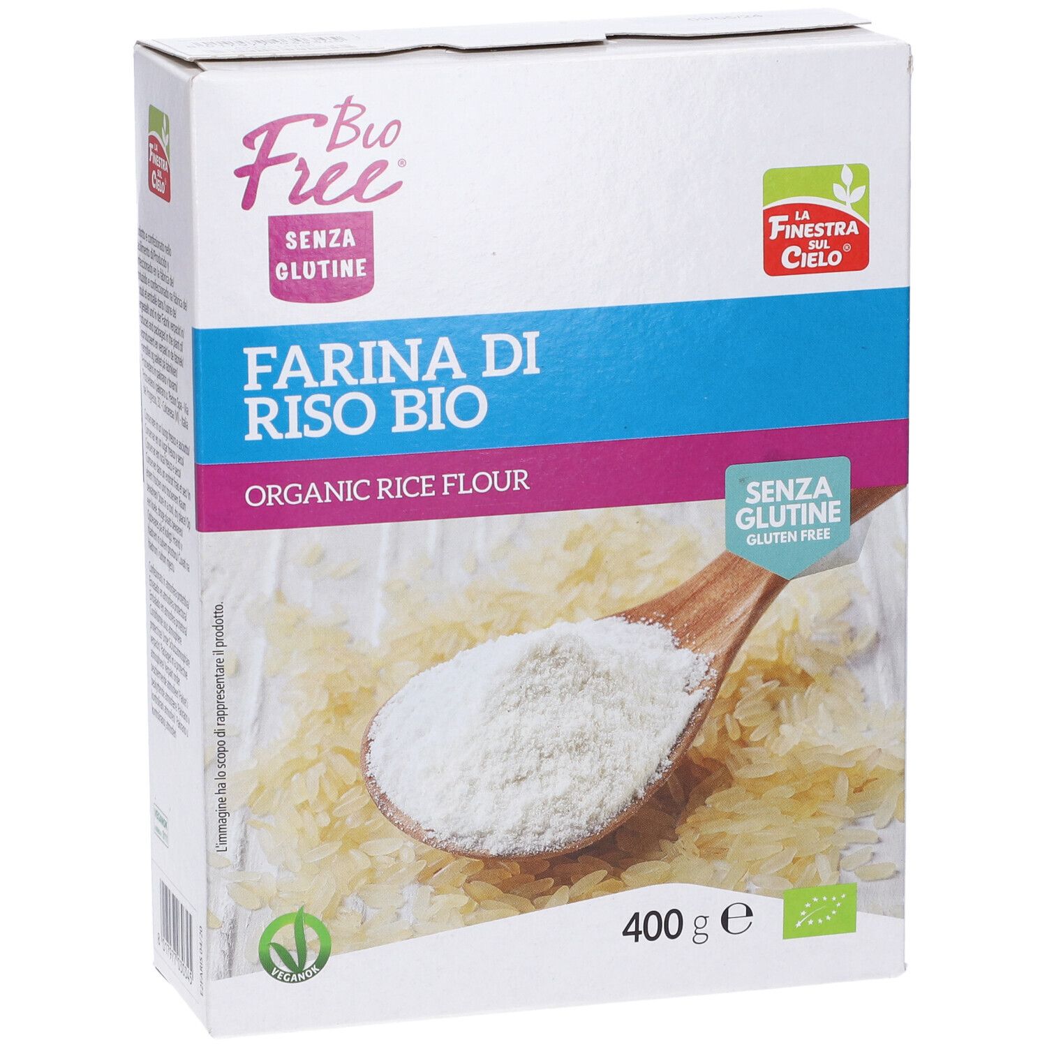 Farina di riso bio senza glutine Bio Free. Confezione in cartone con farina su cucchiaio e riso.