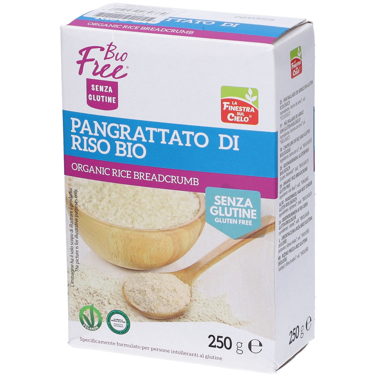 Confezione di pangrattato di riso bio senza glutine. Scritta: "Pangrattato di Riso BIO". 250g. Certificazione bio.