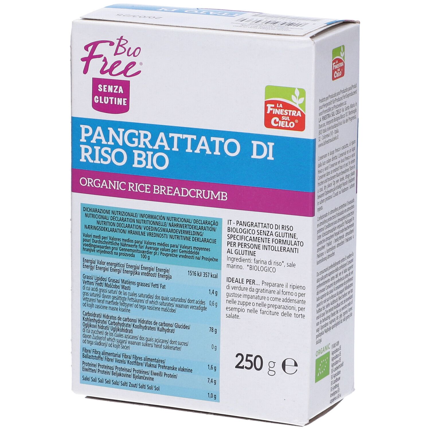 Confezione di pangrattato di riso bio senza glutine. Scritta: "Pangrattato di Riso BIO". Informazioni nutrizionali. 250g. Certificazione bio.