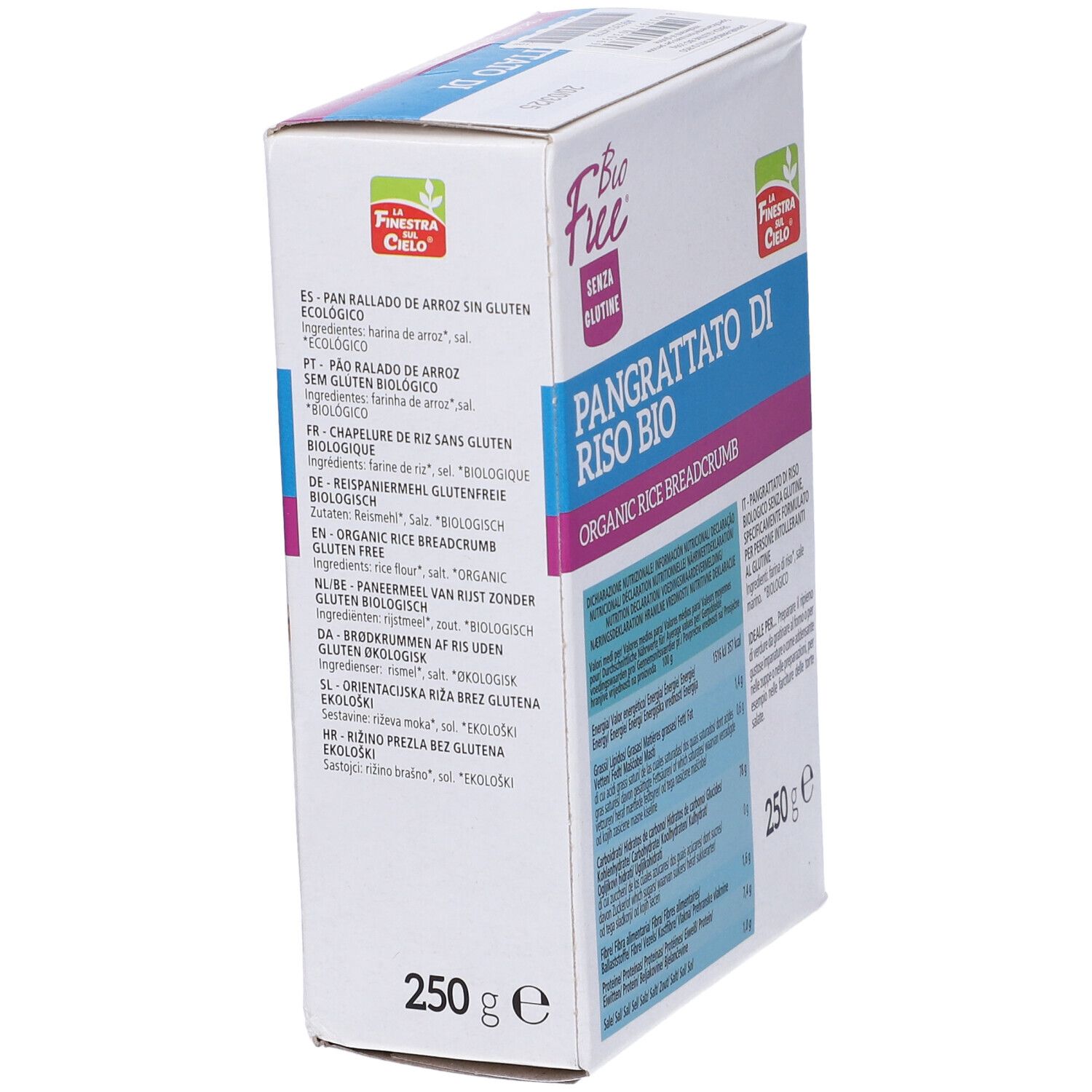 Confezione di pangrattato di riso bio senza glutine. Scritta: "Pangrattato di Riso BIO". Elenco ingredienti. 250g. Certificazione bio.
