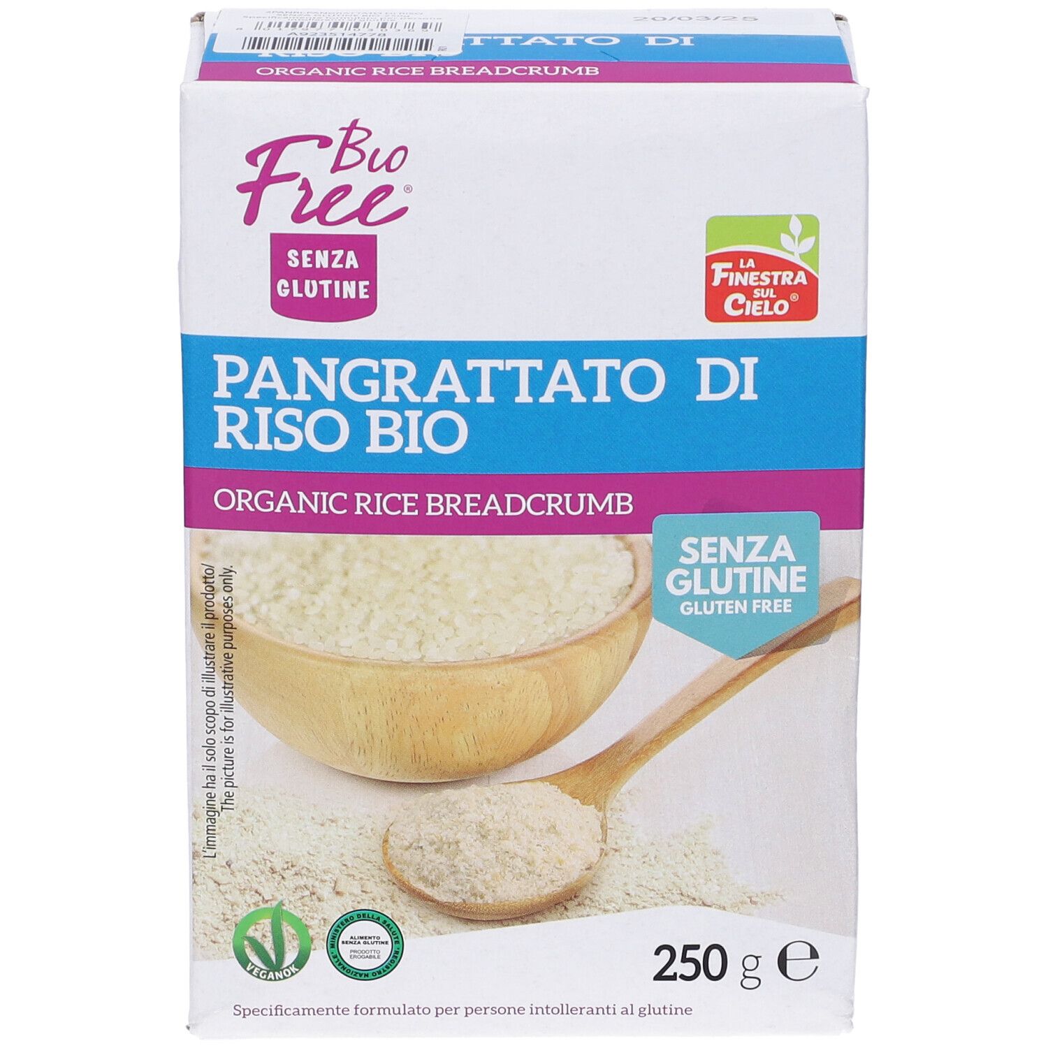 Confezione di pangrattato di riso bio senza glutine. Scritta: "Pangrattato di Riso BIO". 250g. Certificazione bio. Illustrazione.