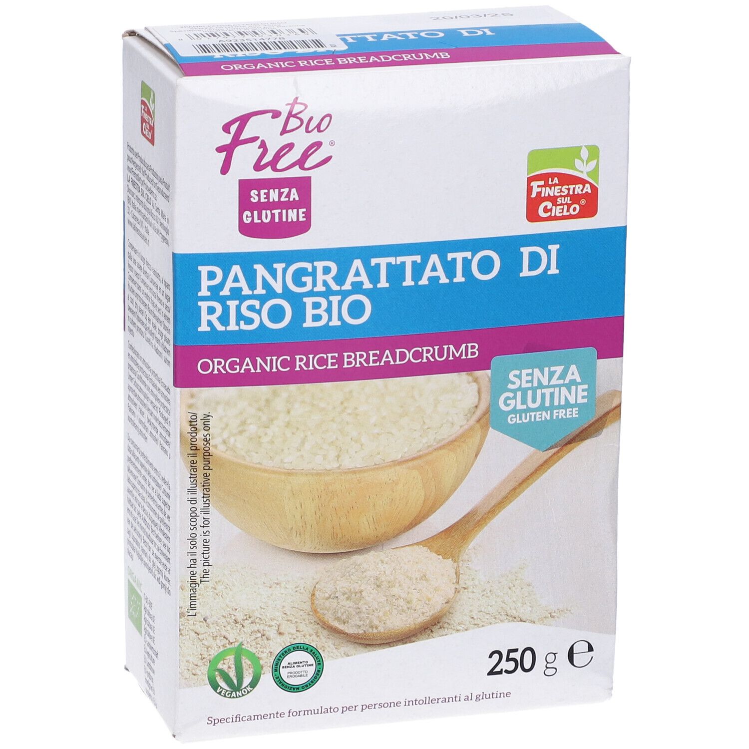 Confezione di pangrattato di riso bio senza glutine. Scritta: "Pangrattato di Riso BIO". 250g. Certificazione bio. Illustrazione.