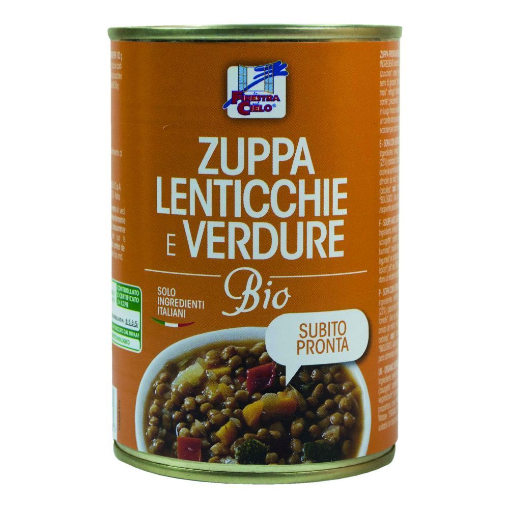 Lattina di Zuppa Lenticchie Verdure Bio. Scritta: Zuppa Lenticchie e Verdure Bio, marchio Bio, subito pronta.