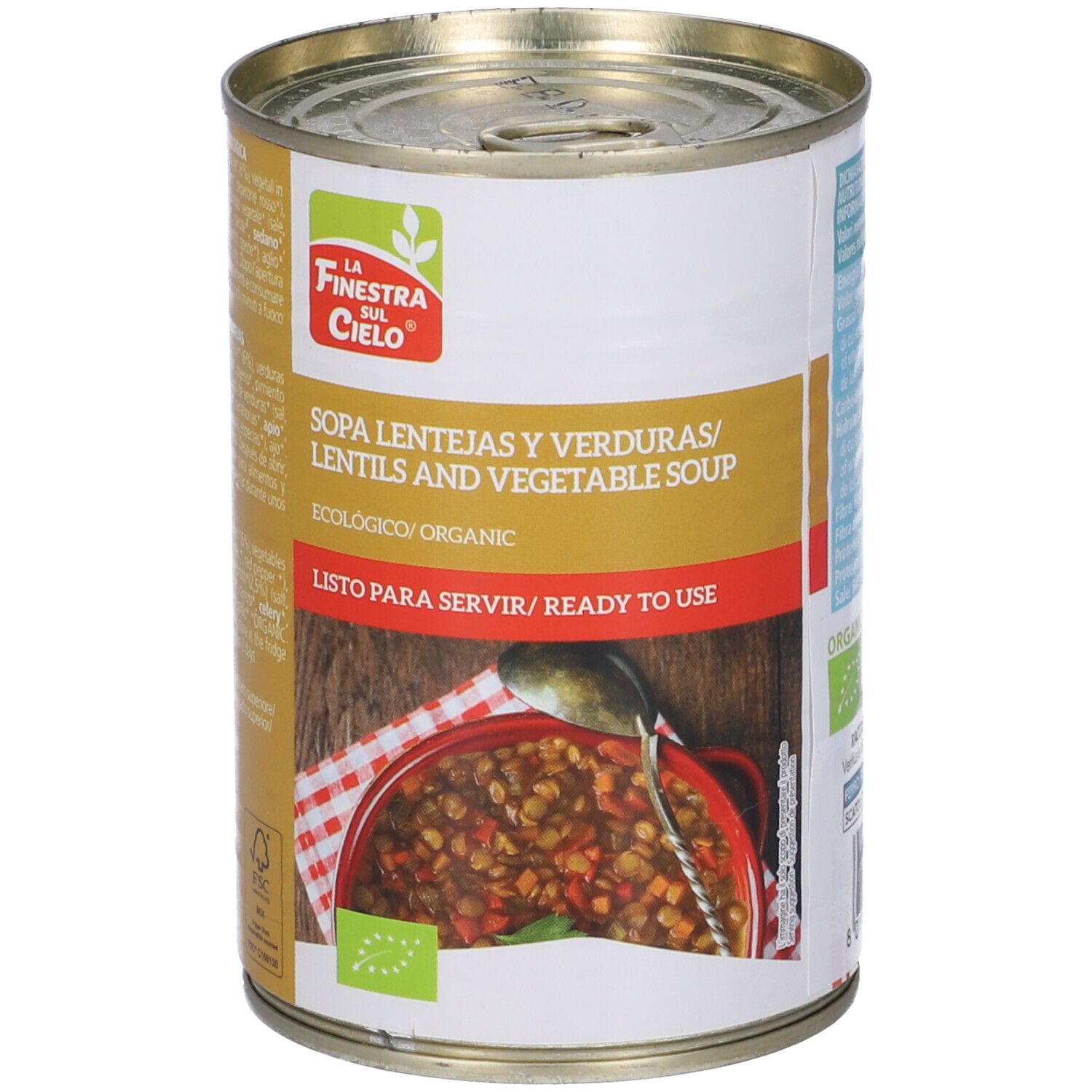 Lattina di zuppa. Scritta: Sopa Lentejas y Verduras/Lentils and Vegetable Soup, Ecologico/Organic, Listo para servir.