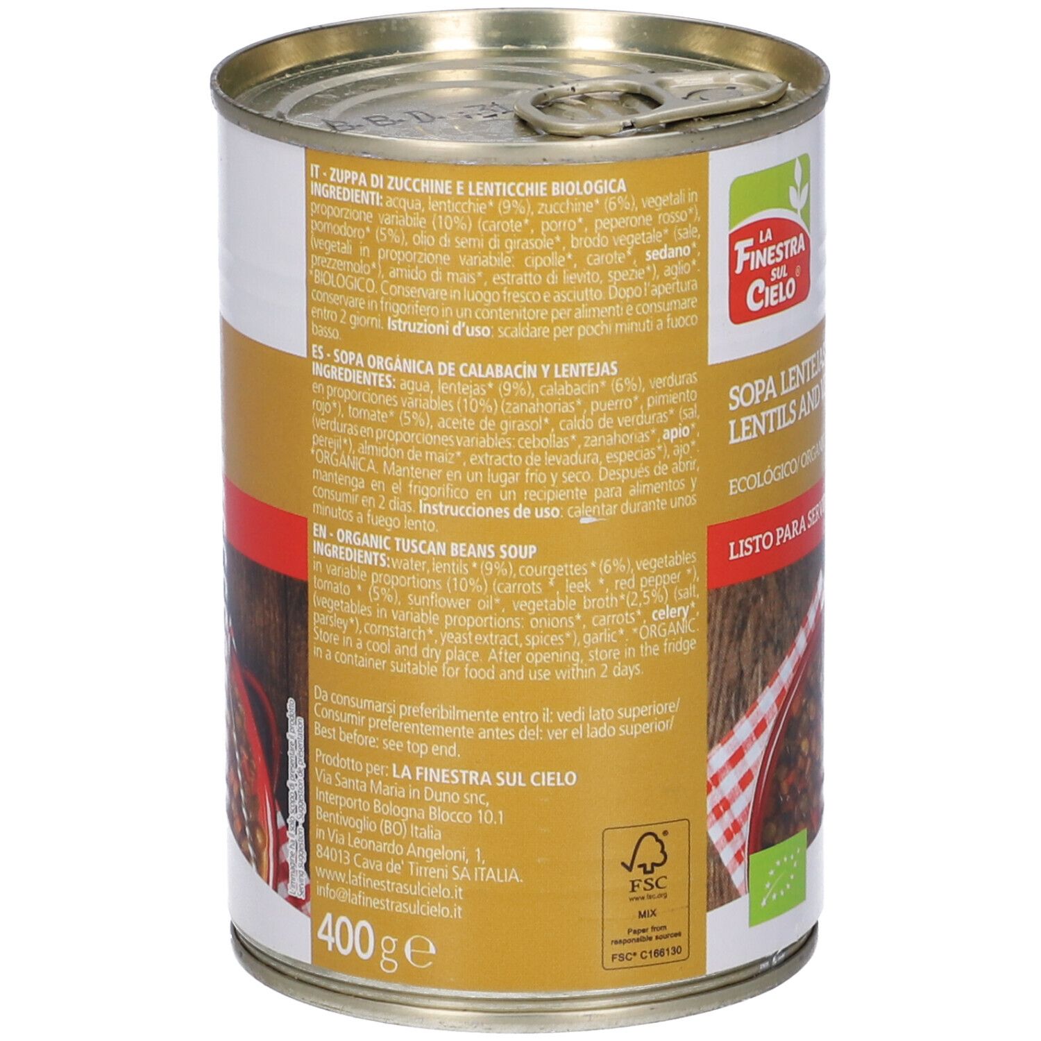 Retro della lattina. Testo multilingue, elenco ingredienti, informazioni nutrizionali, 400g, marchio Bio, certificazione FSC.