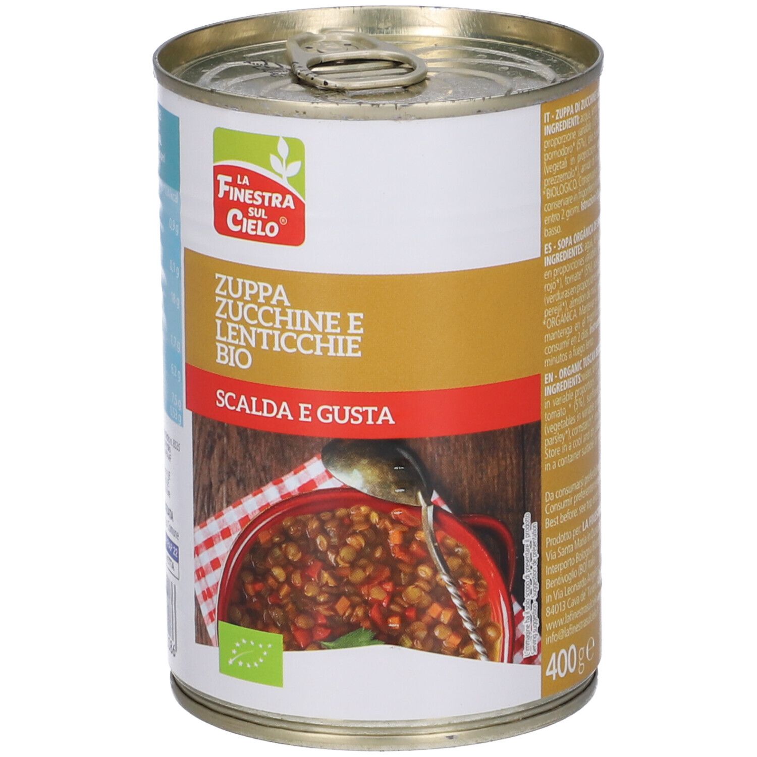 Lattina di zuppa. Scritta: Zuppa Zucchine e Lenticchie Bio, Scalda e Gusta, marchio Bio, 400g.