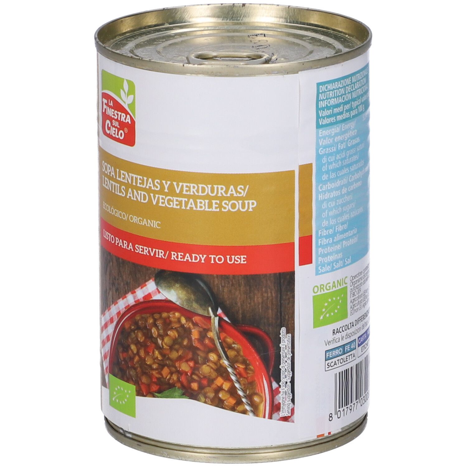Lattina di zuppa. Scritta: Sopa Lentejas y Verduras/Lentils and Vegetable Soup, Ecologico/Organic, Listo para servir.