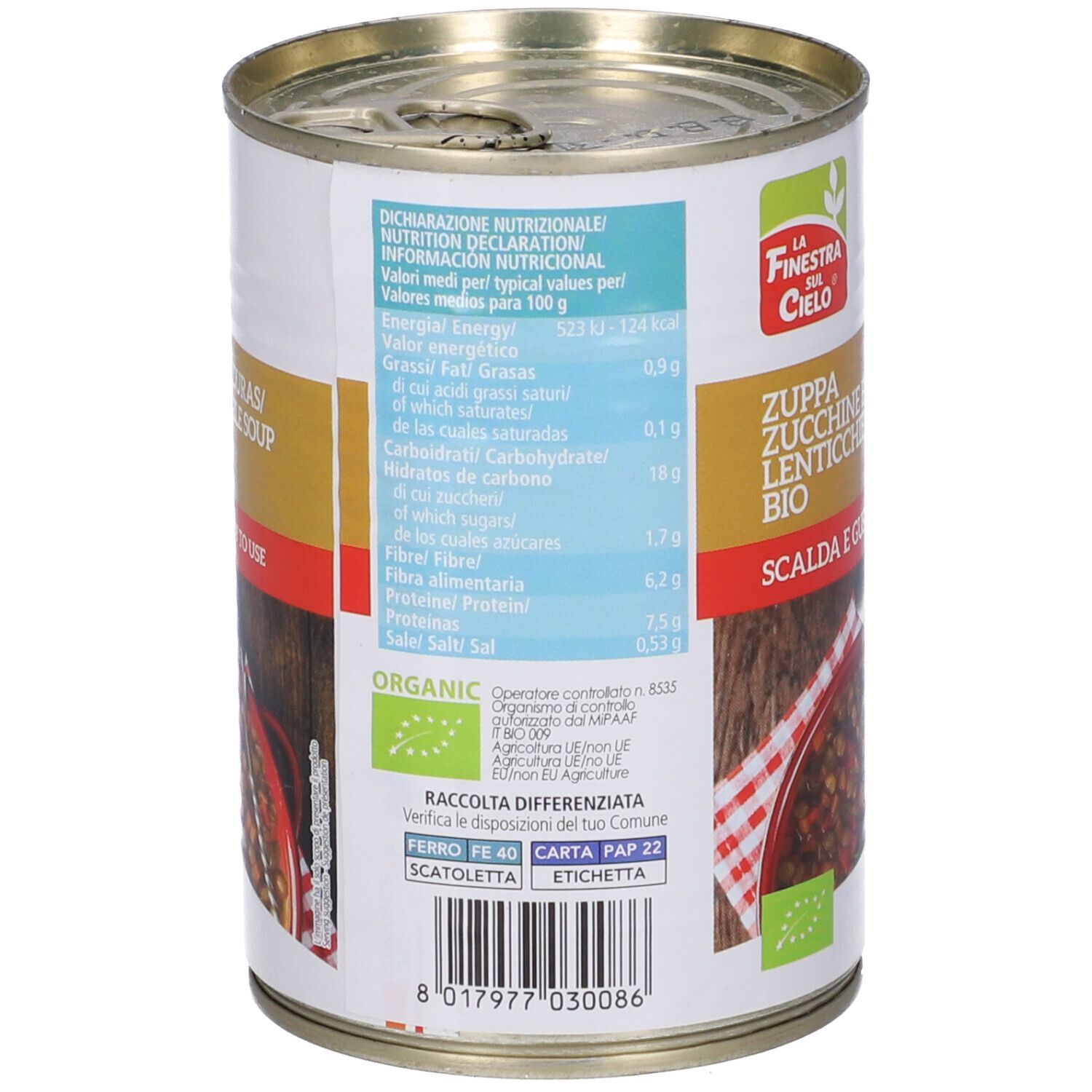Retro della lattina. Informazioni nutrizionali, testo multilingue, marchio Bio, istruzioni riciclo, codice a barre.