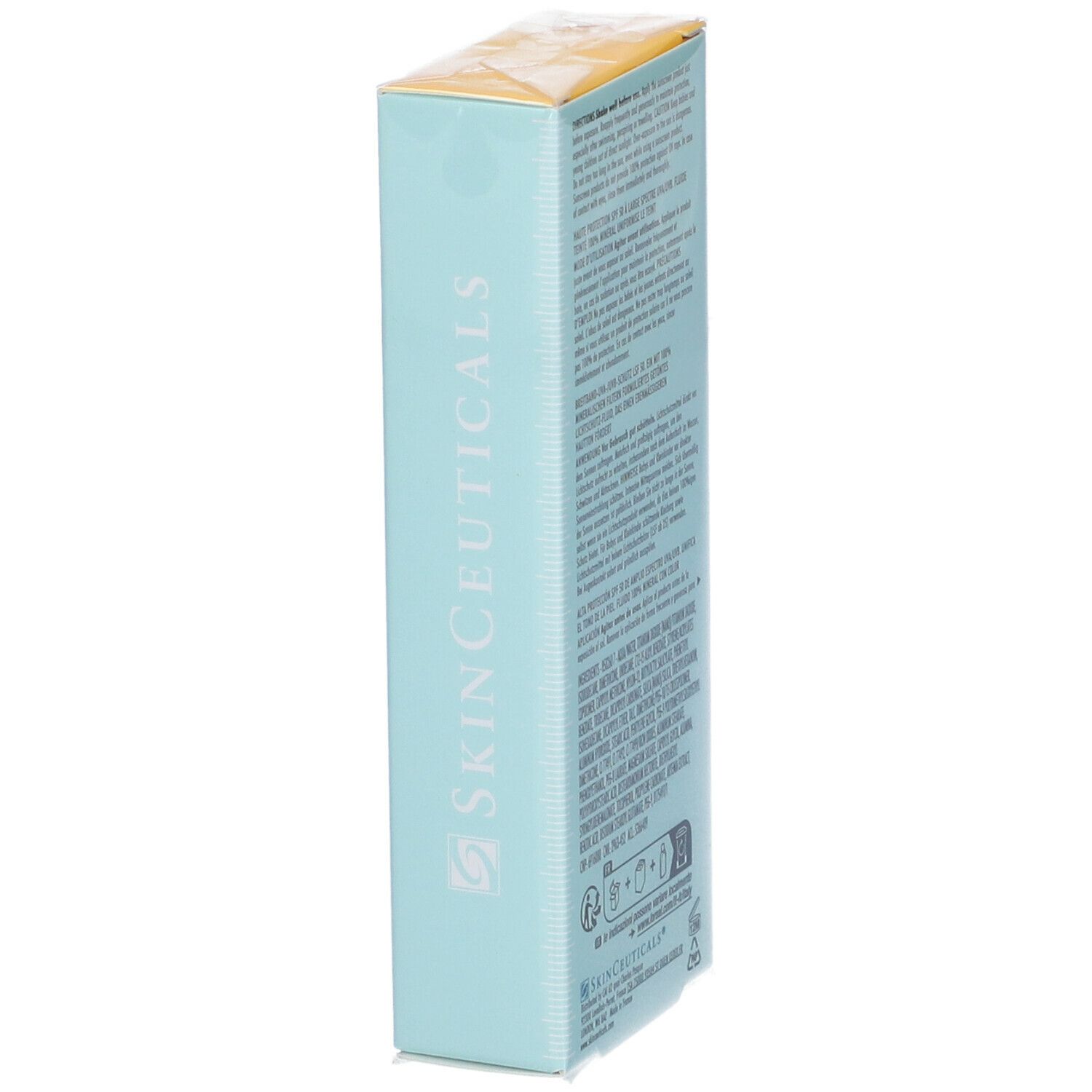 Verpackung von Skinceuticals Mineral Radiance UV Defense Sonnenschutzmittel. SPF 50. Text auf der Seite der Schachtel.