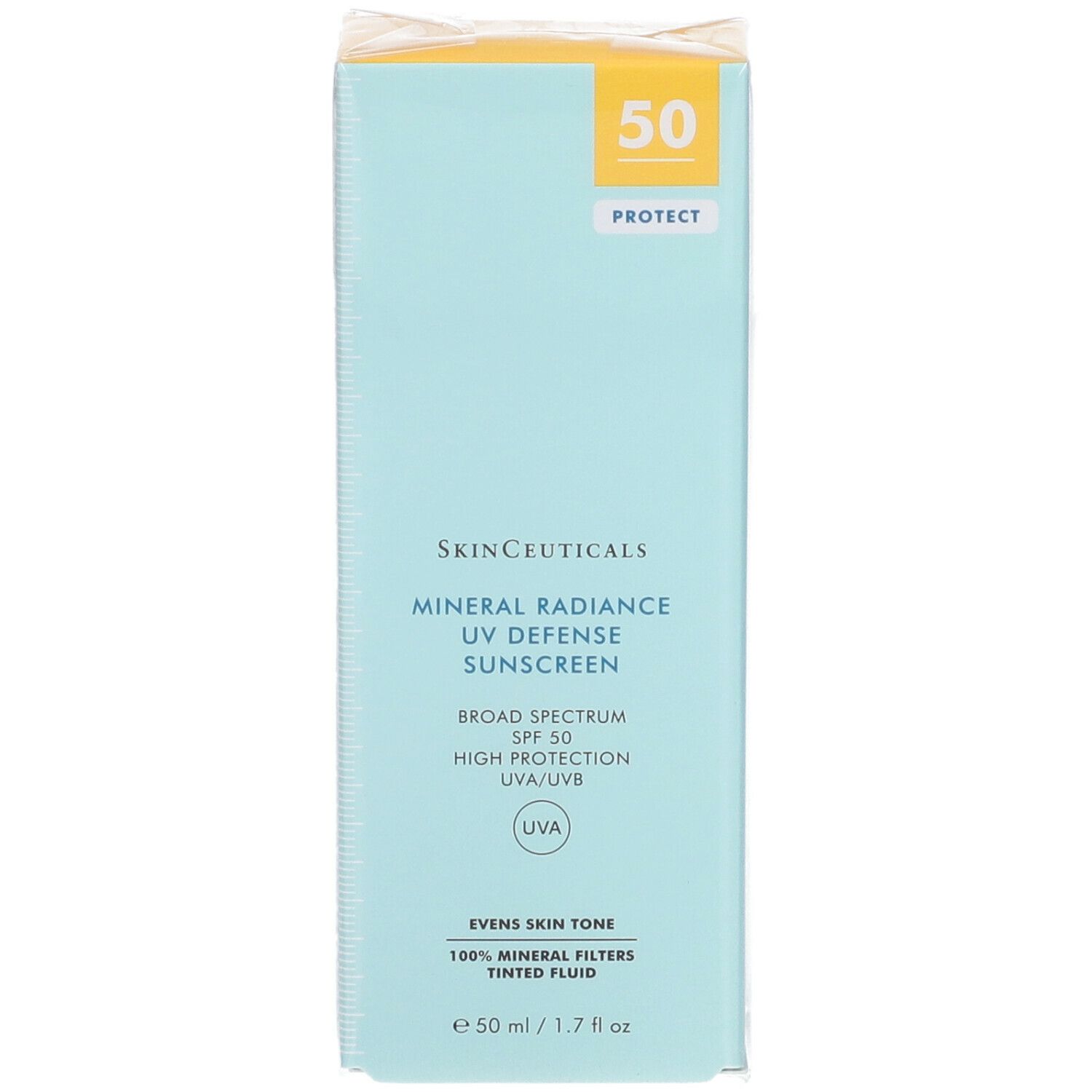 Verpackung von Skinceuticals Mineral Radiance UV Defense Sonnenschutzmittel. SPF 50. Text auf der Seite der Schachtel.