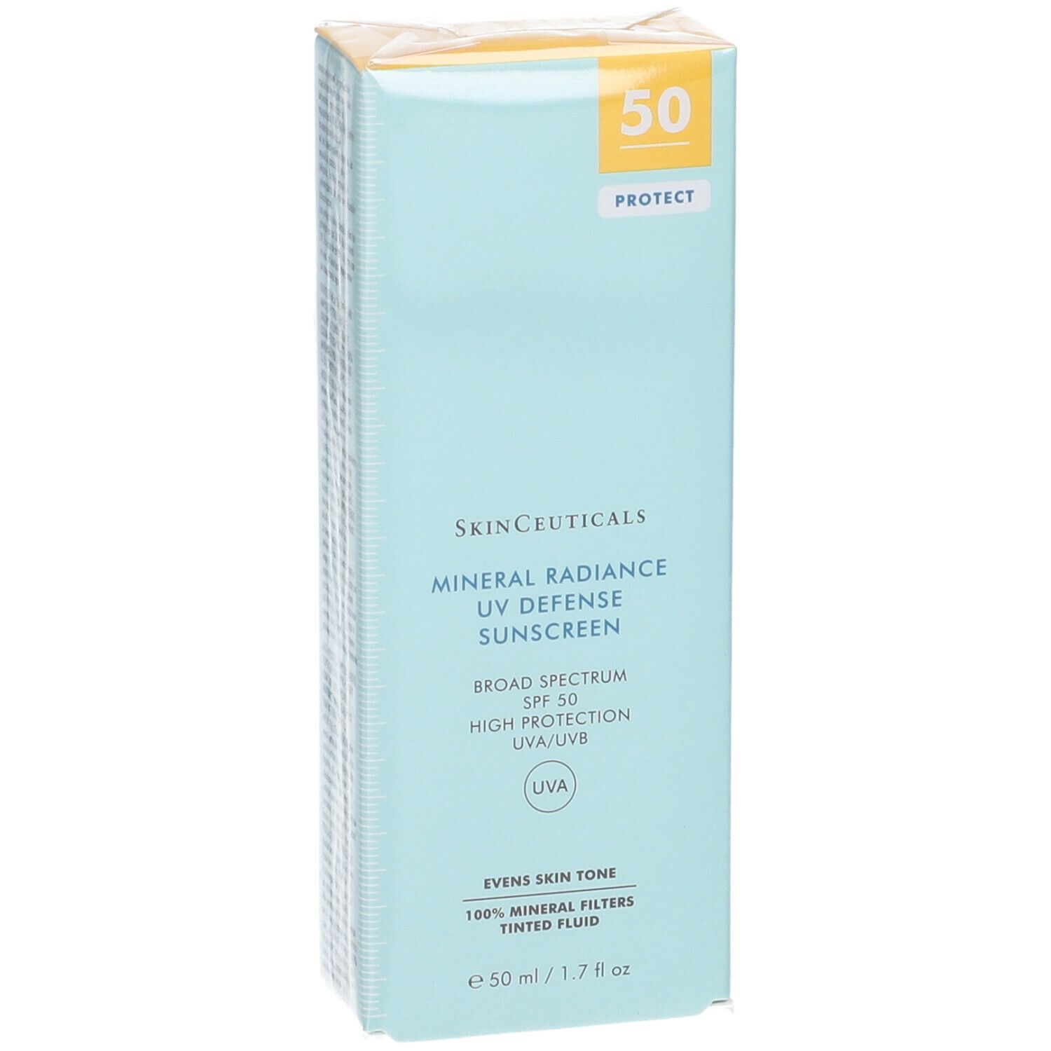 Verpackung von Skinceuticals Mineral Radiance UV Defense Sonnenschutzmittel. SPF 50. Hellblaue Schachtel mit gelbem Deckel.