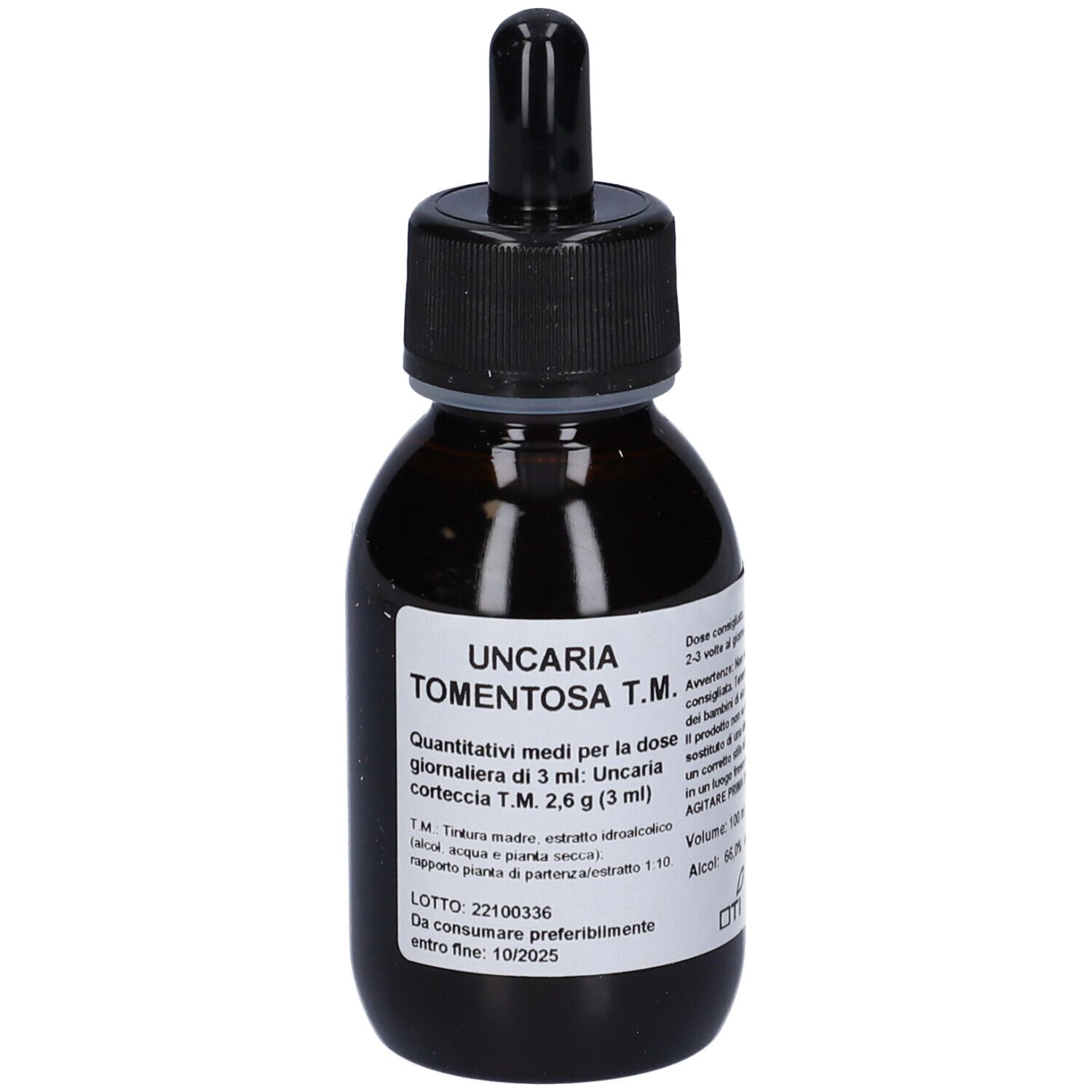 Flacone di vetro marrone con tappo nero e contagocce. Etichetta con testo. Nome prodotto: Uncaria Tomentosa T.M.