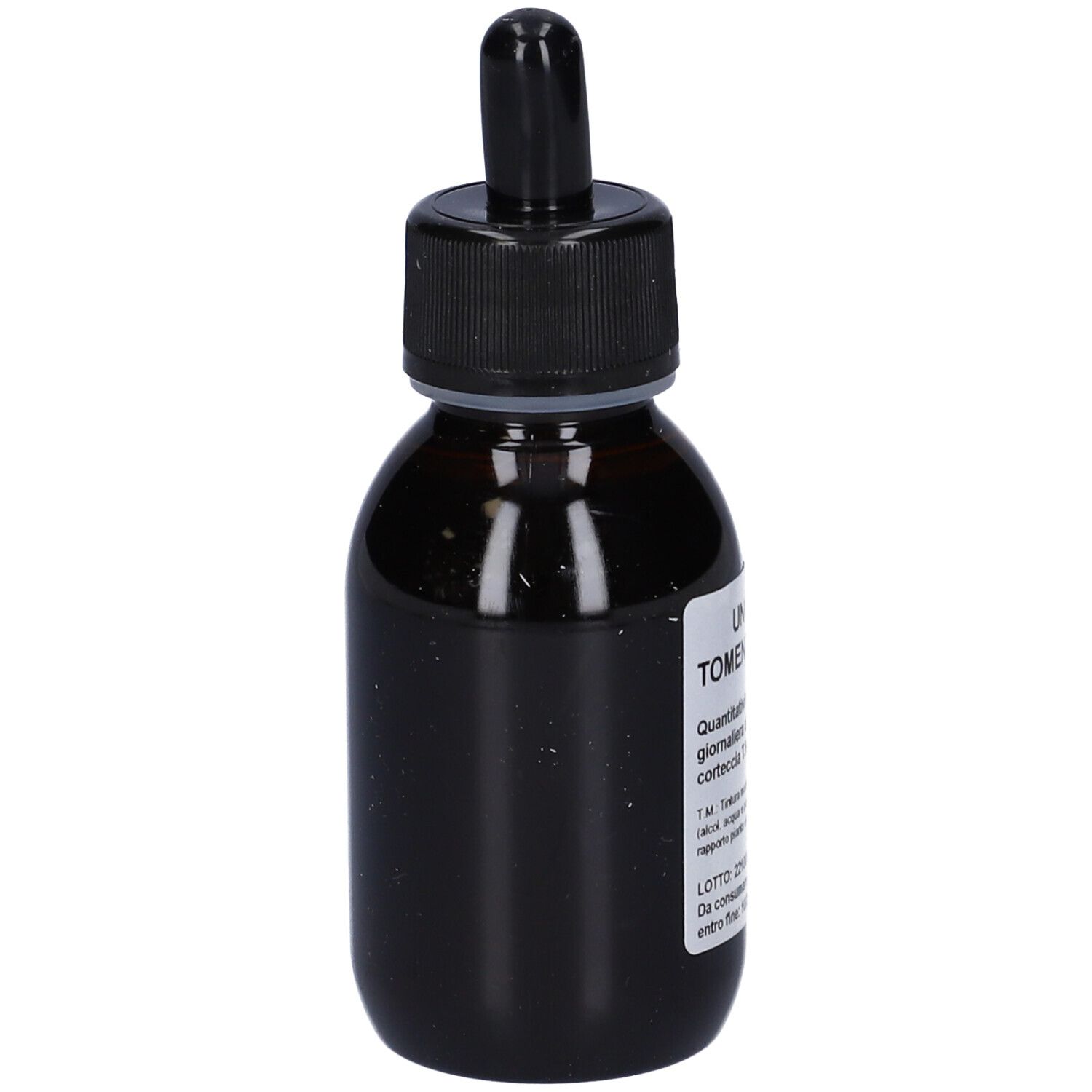 Flacone di vetro marrone con tappo nero e contagocce. Etichetta con testo. Nome prodotto: Uncaria Tomentosa T.M.