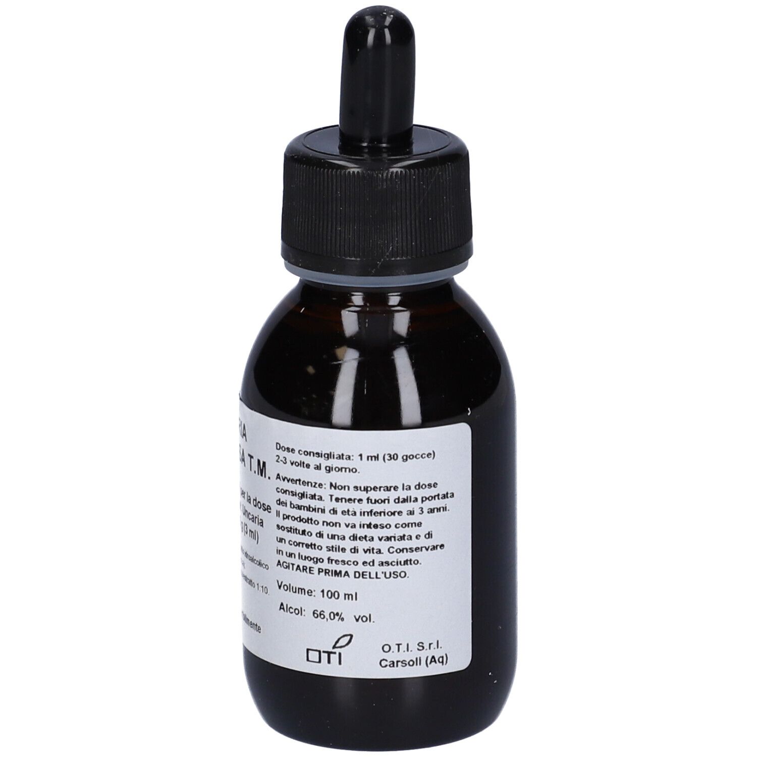 Flacone di vetro marrone con tappo nero e contagocce. Etichetta con testo. Nome prodotto: Uncaria Tomentosa T.M.