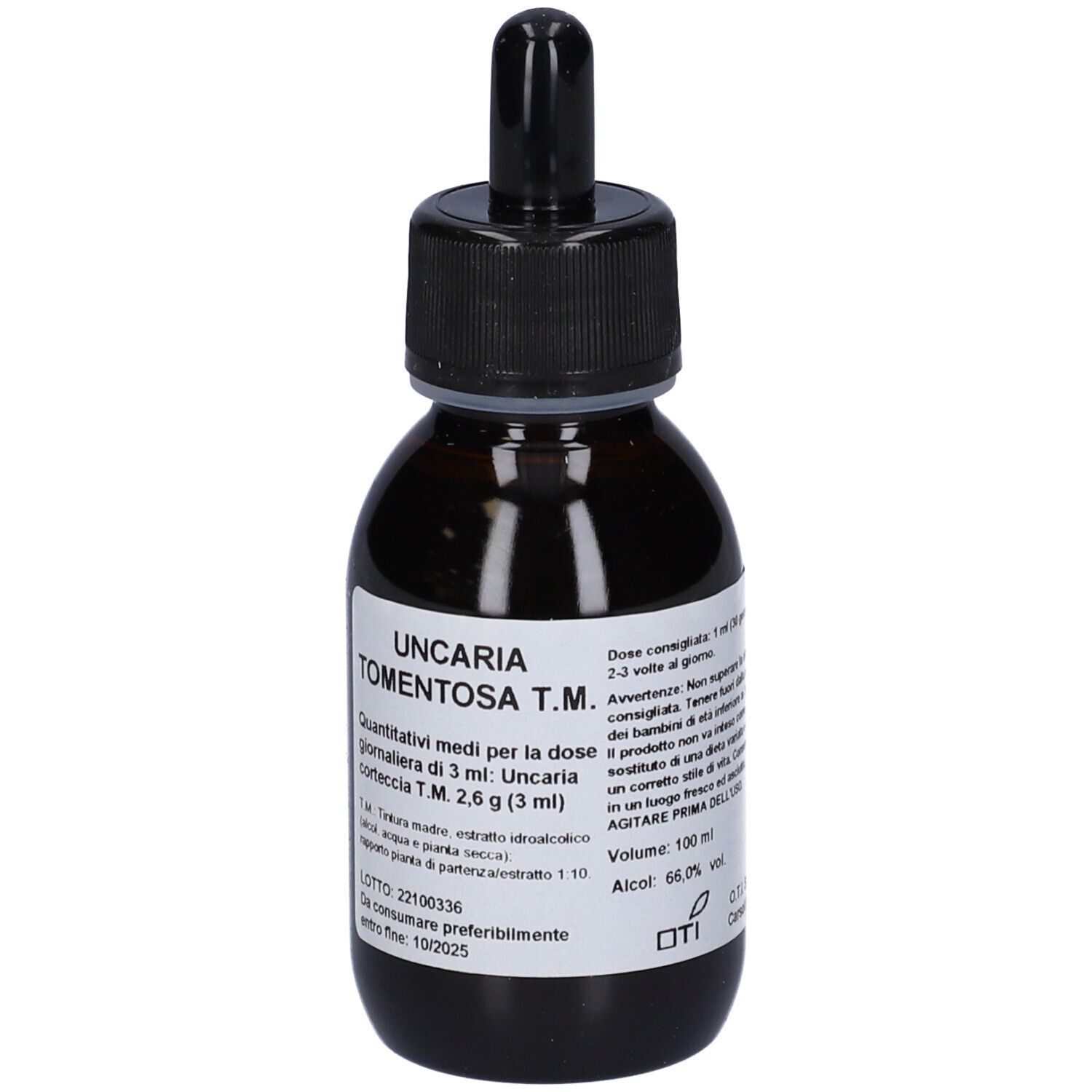 Flacone di vetro marrone con tappo nero e contagocce. Etichetta con testo. Nome prodotto: Uncaria Tomentosa T.M.
