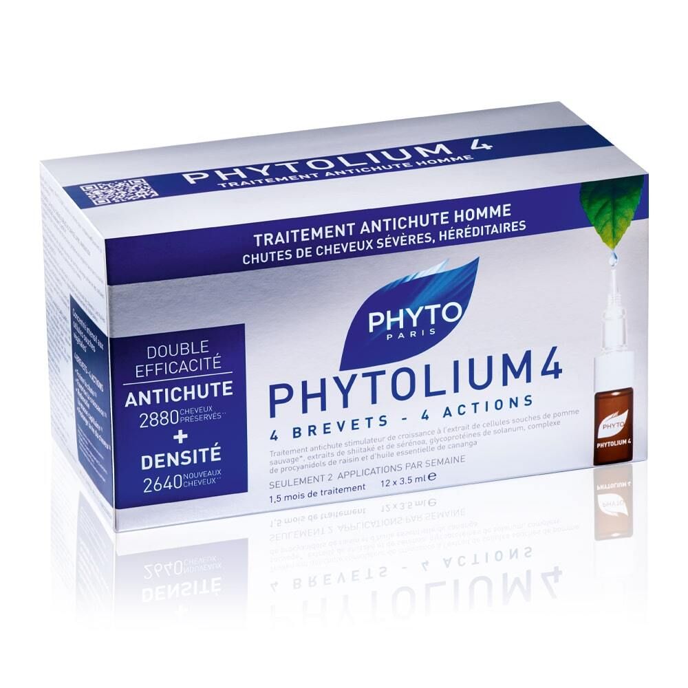 Boîte de PHYTOLIUM 4. Contient 12 ampoules. Inscription : Traitement antichute homme.