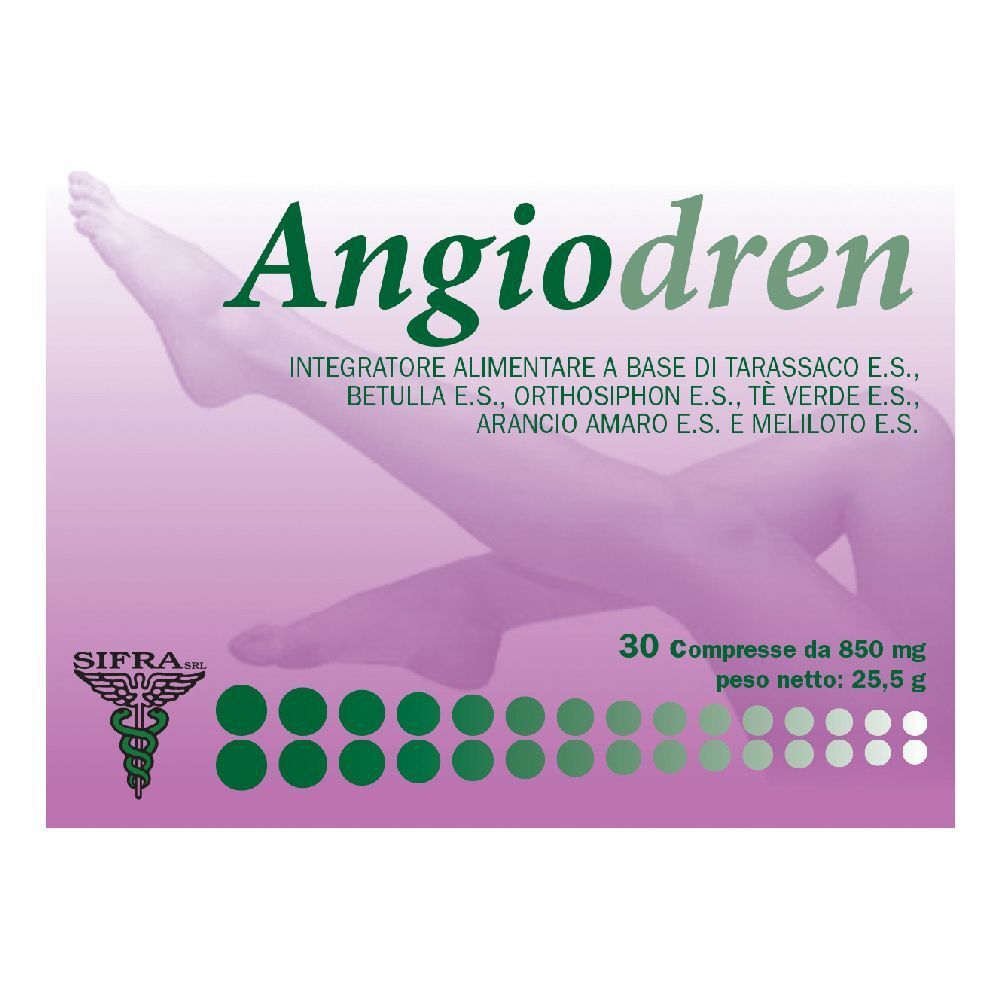 Confezione di compresse Angiodren. Scritta: 30 compresse, 850 mg, 25,5 g. Logo e scritta Angiodren.