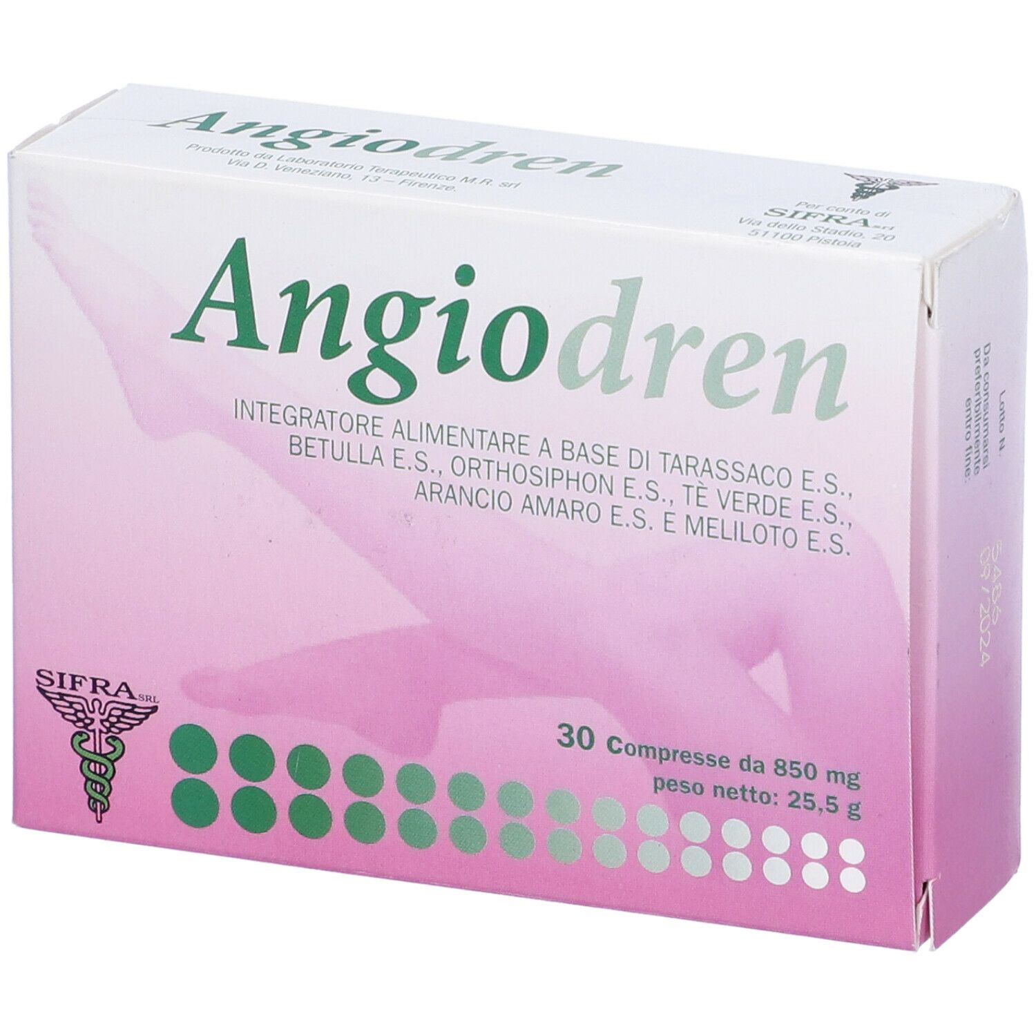 Confezione Angiodren, vista dall'alto. Scritta: 30 compresse, 850 mg, 25,5 g. Logo e scritta Angiodren.