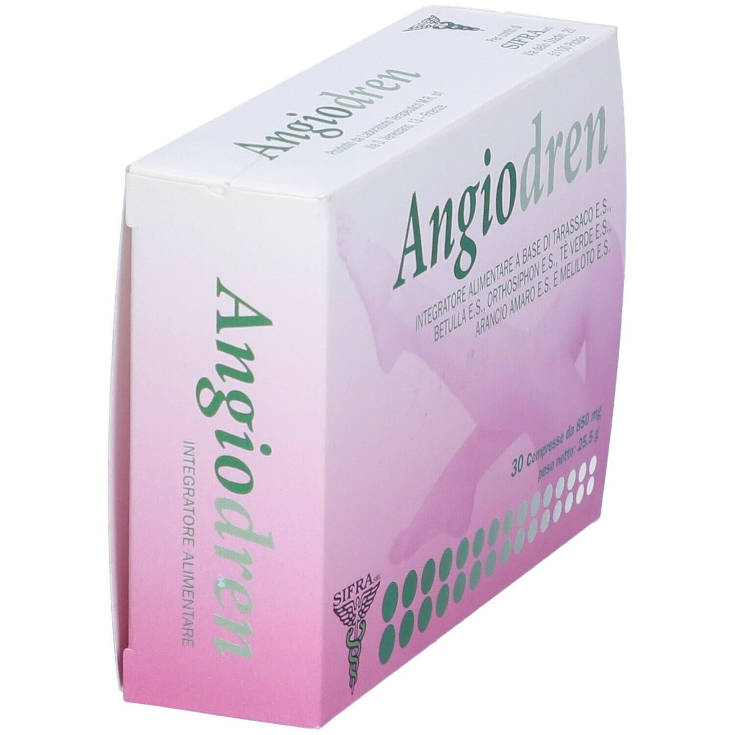 Confezione Angiodren, vista obliqua. Logo e scritta Angiodren. Scritta: 30 compresse, 850 mg, 25,5 g.