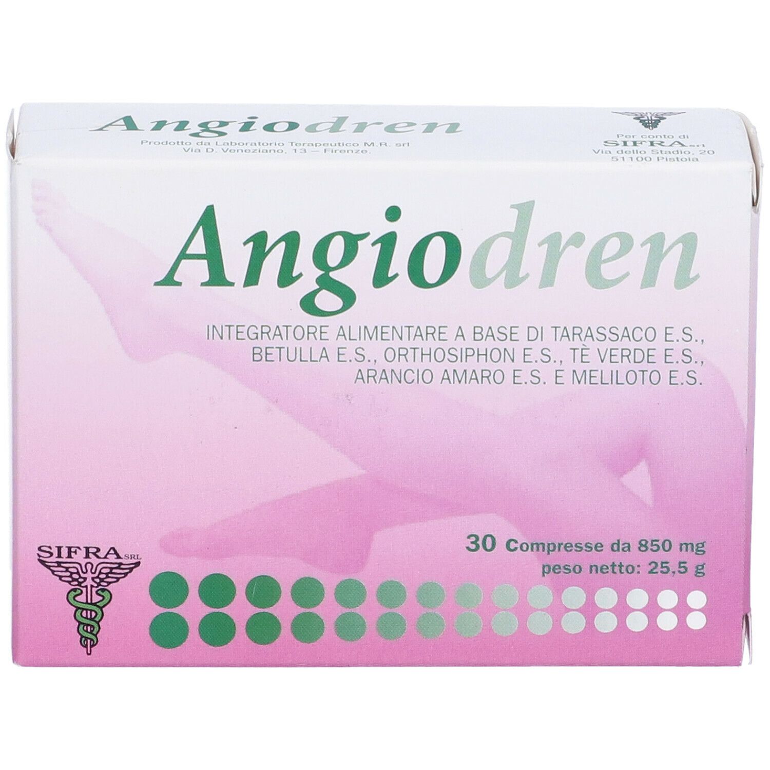 Confezione Angiodren. Scritta: 30 compresse, 850 mg, 25,5 g. Logo e scritta Angiodren.