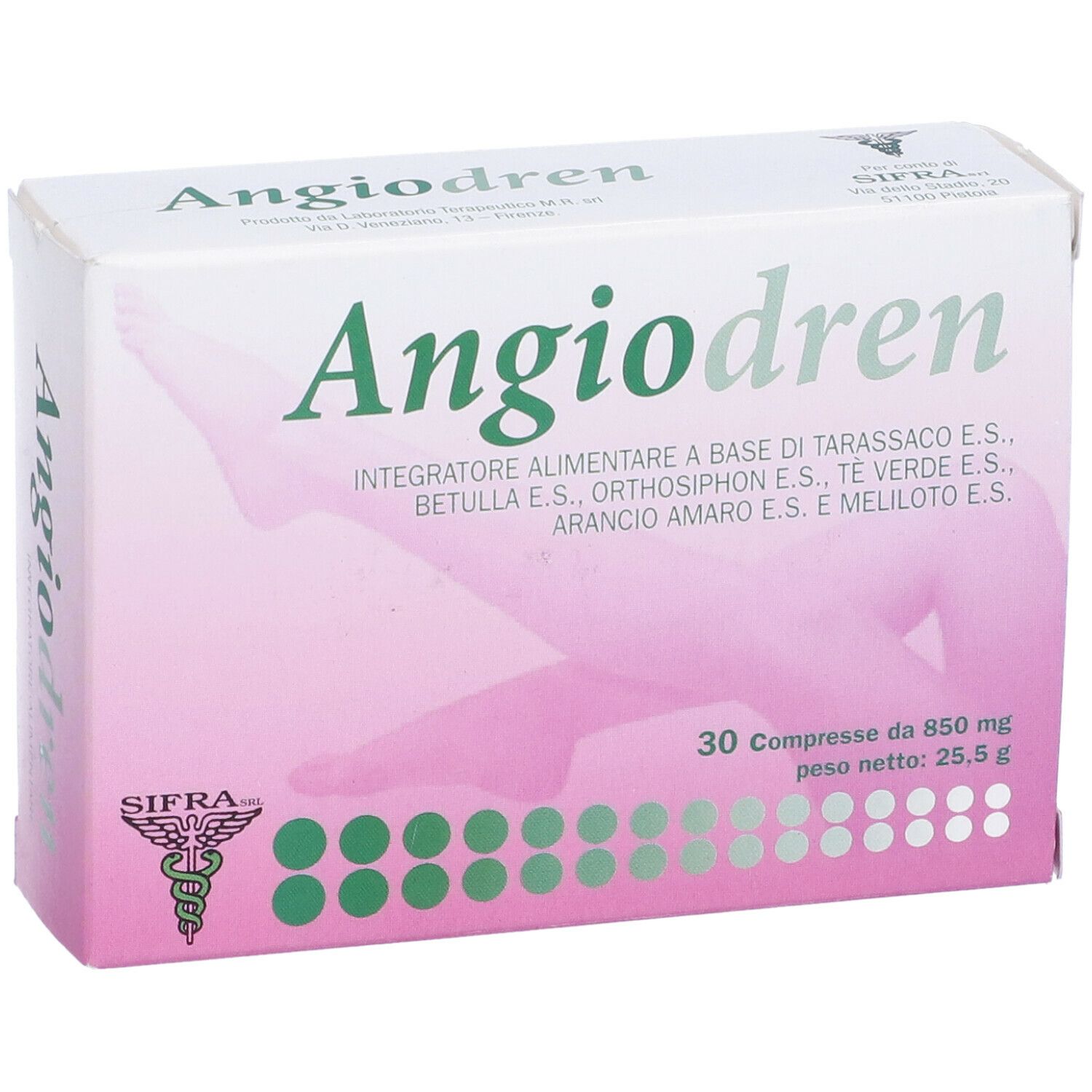 Confezione Angiodren. Scritta: 30 compresse, 850 mg, 25,5 g. Logo e scritta Angiodren.