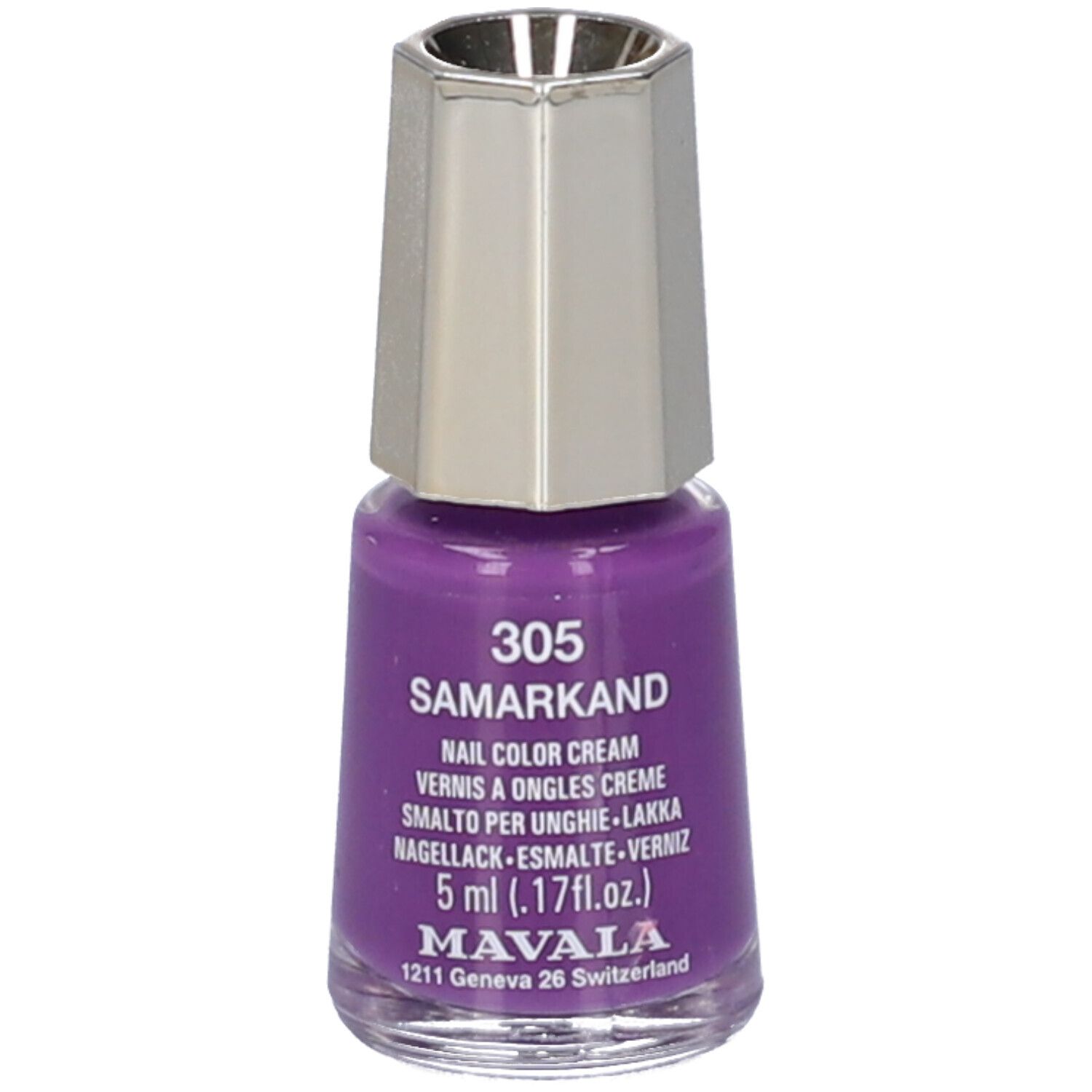 Mavala Mini Color Nagellack, Farbe 305 Samarkand, Violett. 5 ml Fläschchen mit silbernem Deckel.