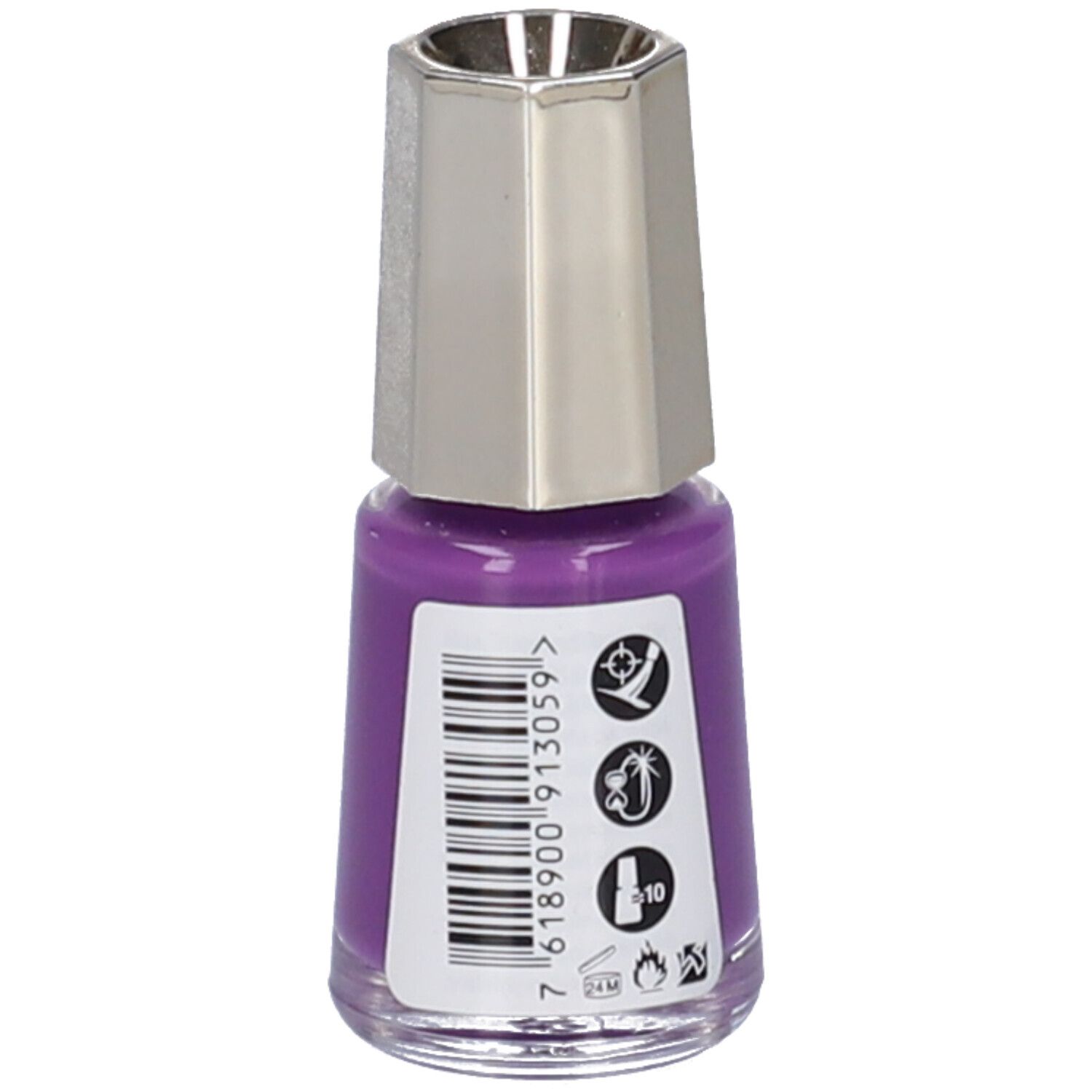 Rückseite eines Mavala Mini Color Nagellack-Fläschchens, violett. Enthält Barcode und Warnsymbole.