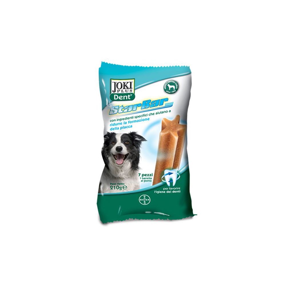 Confezione di snack per cani. JOKI PLUS DENT StarBar, 7 pezzi. Snack a forma di stella, immagine di un cane.