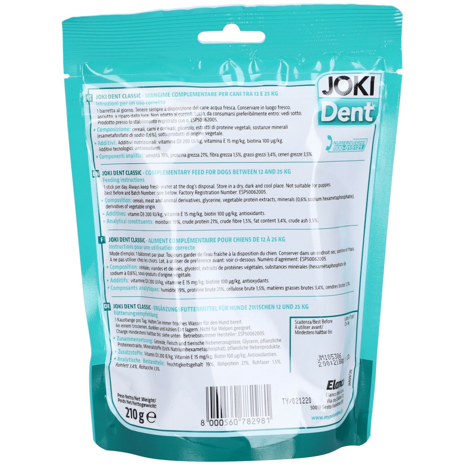 Retro della confezione di snack per cani. Testo multilingue, codice a barre, nome prodotto JOKI Dent Classic.