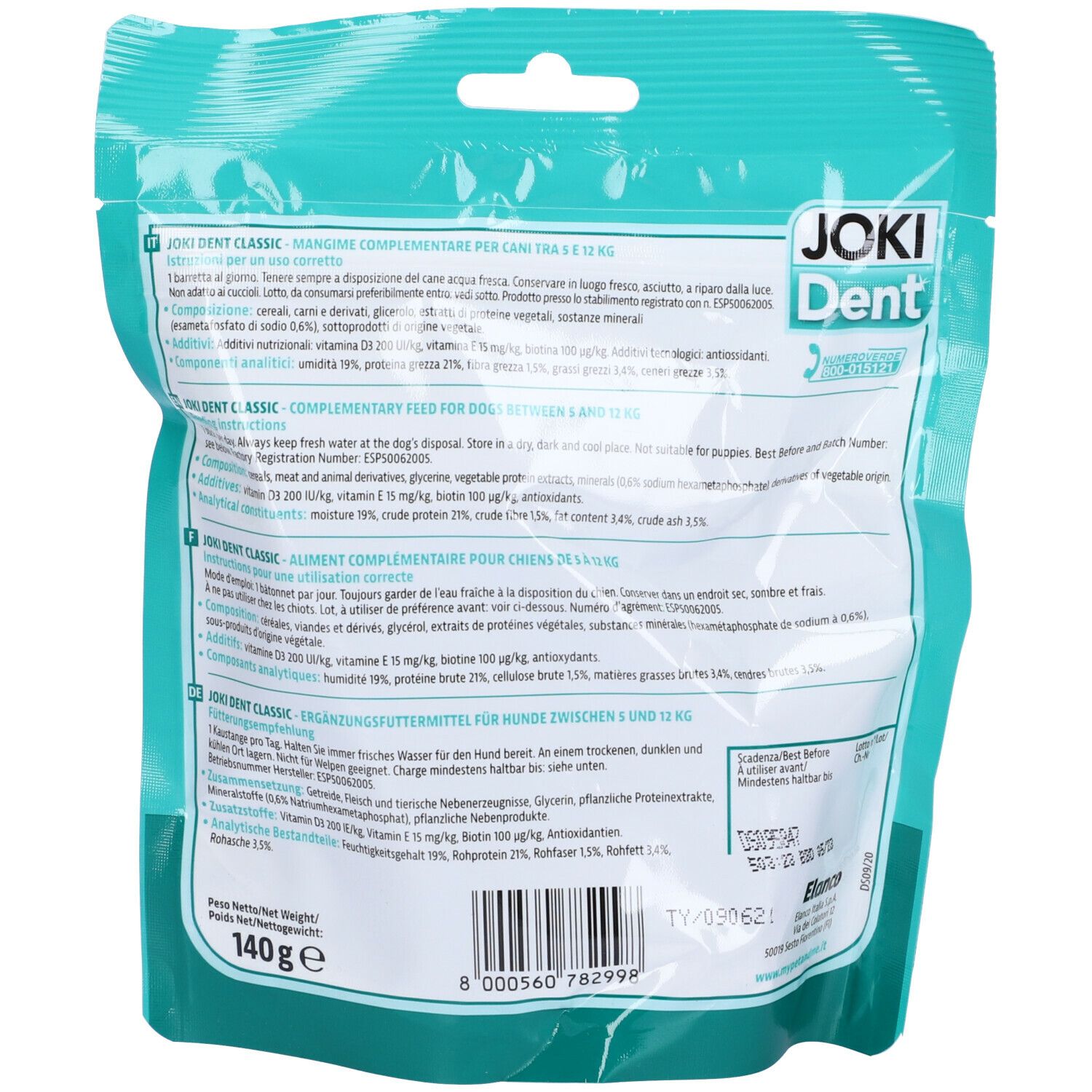 Retro della confezione con informazioni sul prodotto. Logo "JOKI Dent". Ingredienti, raccomandazioni per l'alimentazione.