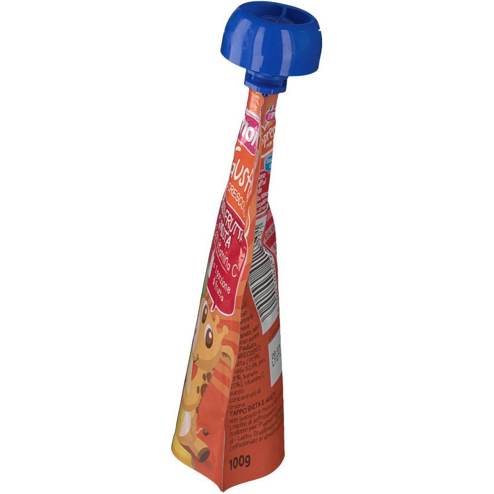 Beutel mit Fruchtmischung. Orangefarbener Beutel mit blauem Deckel. Barcode sichtbar.